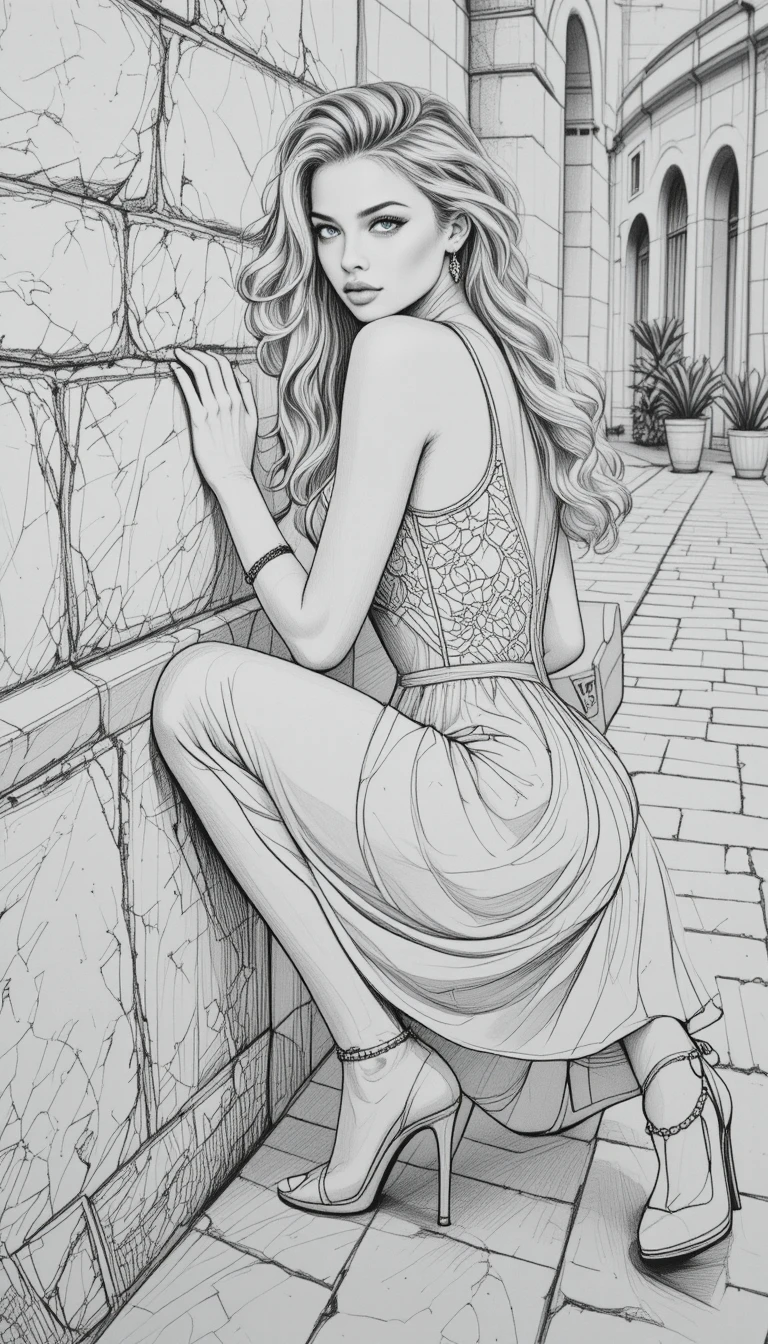 Mulher elegante de vestido de renda ao lado de um muro de pedra
