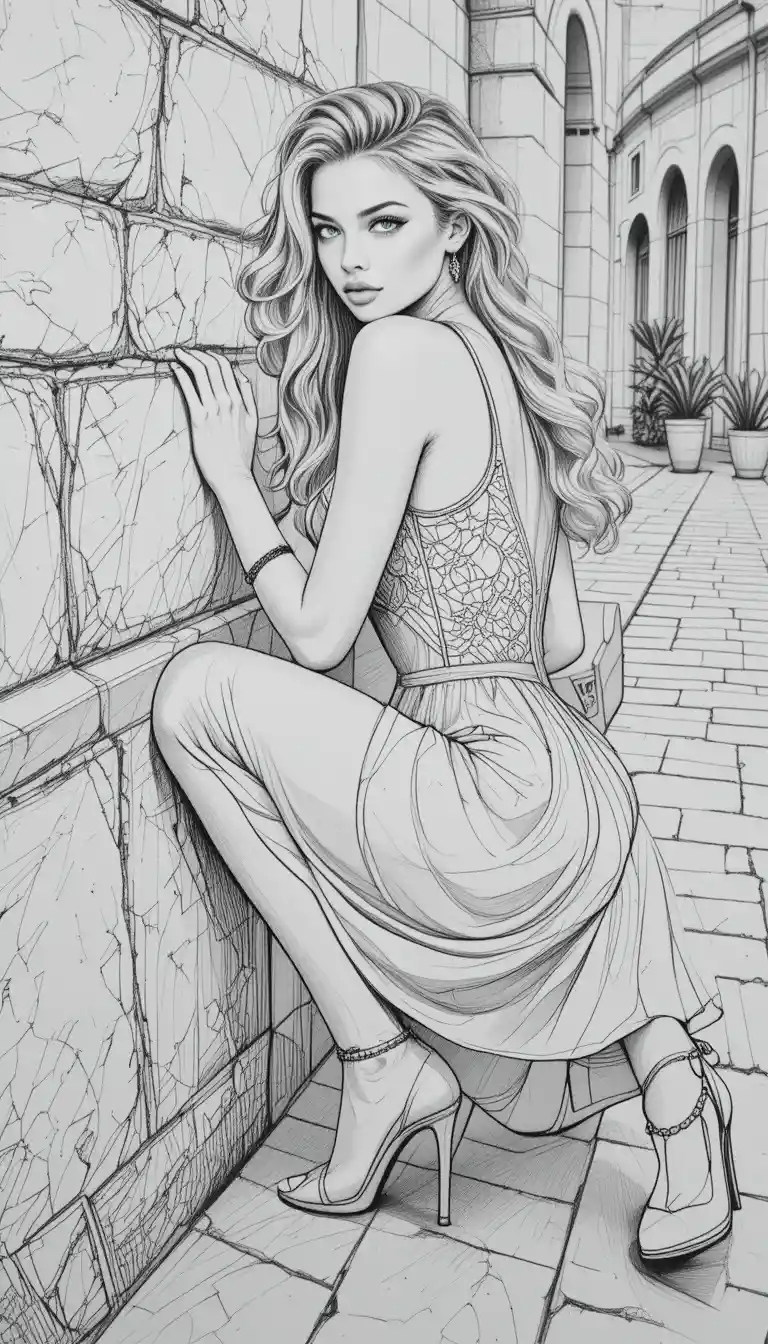 Mulher elegante de vestido de renda ao lado de um muro de pedra