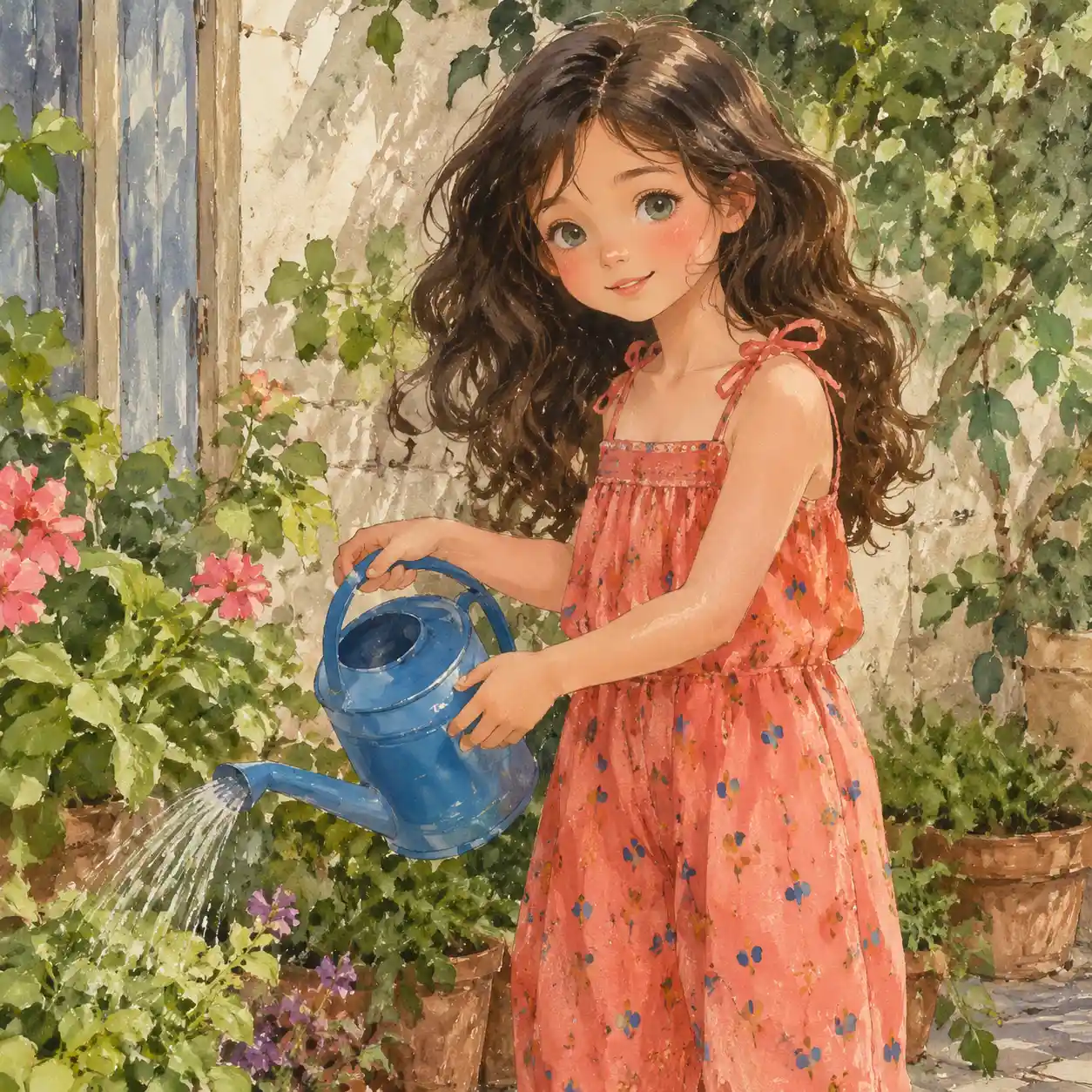 Garota regando plantas do jardim com um macacão de linho coral