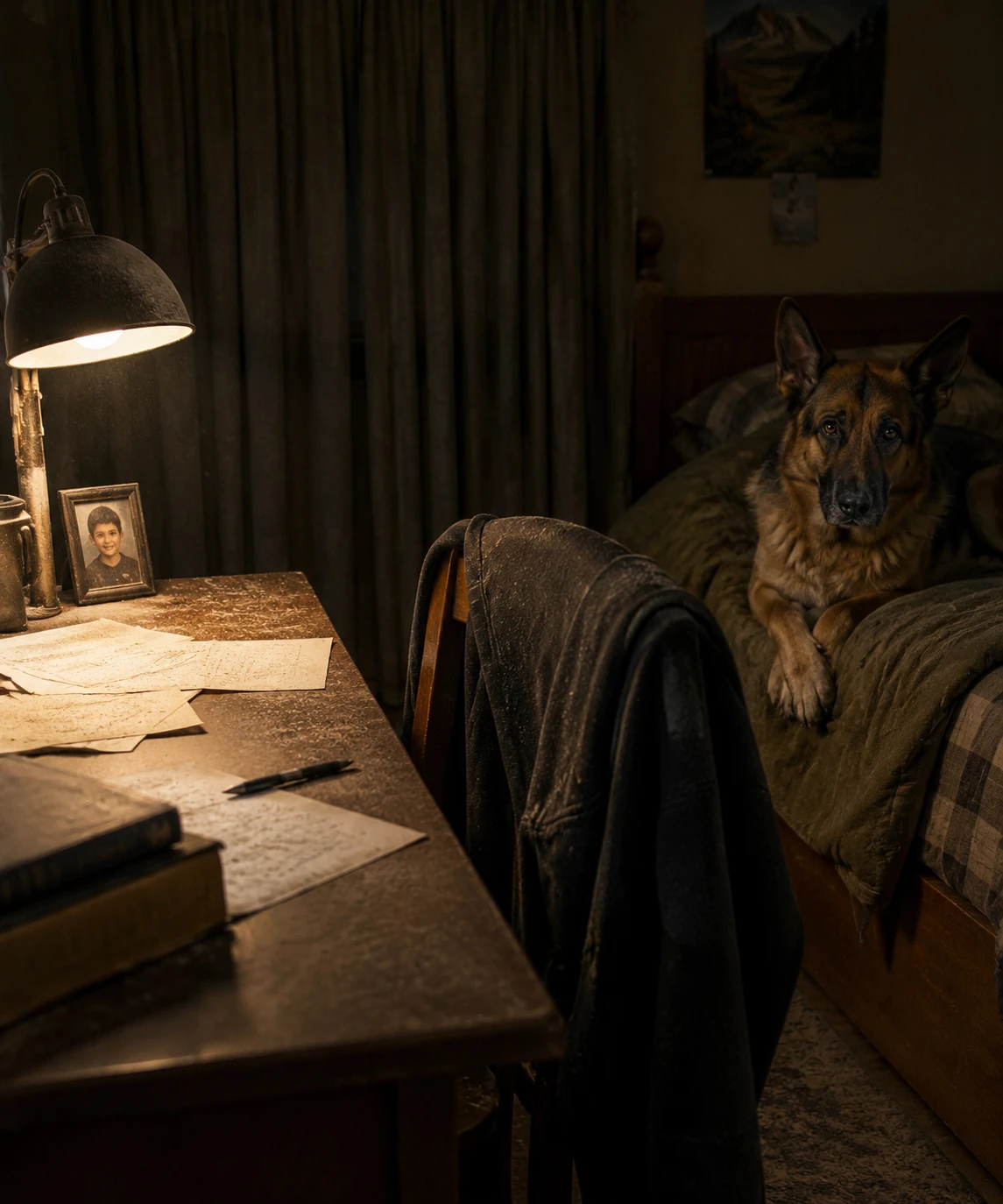 German shepherd on a dusty bed in a dark bedroom