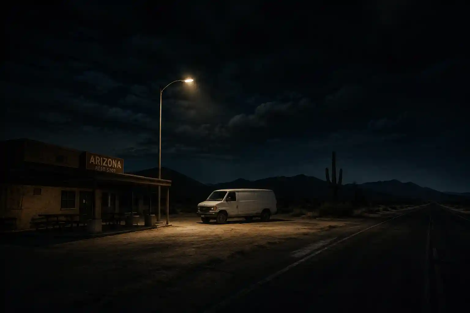 Van solitária sob um único poste de luz em rodovia no deserto
