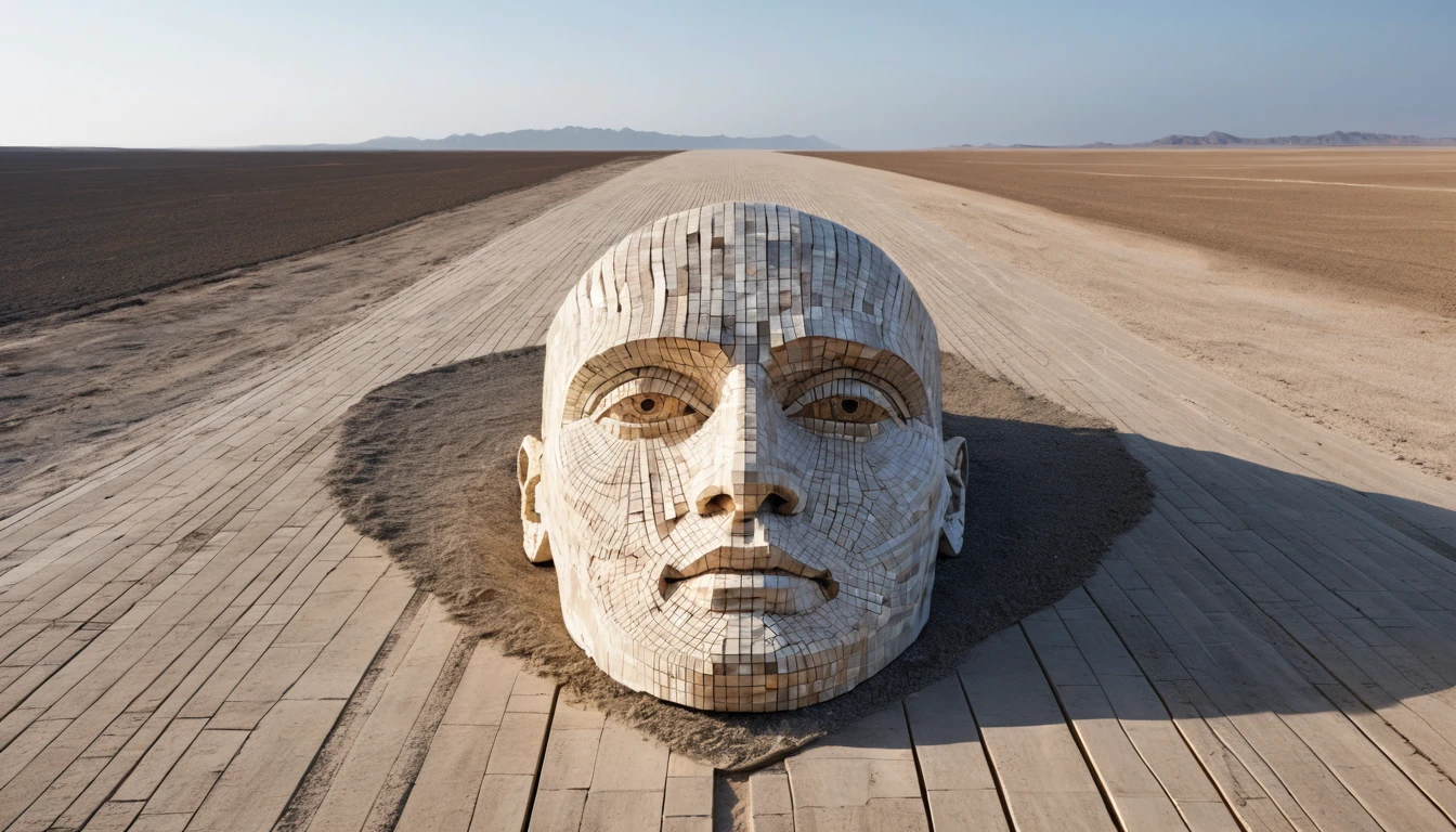Giant wooden head installation in a vast empty desert