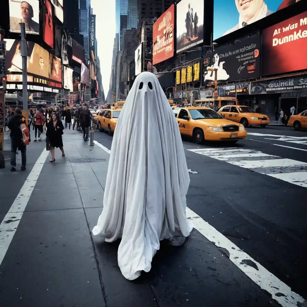 Man Realizing He Is A Ghost On Times Square Sidewalk