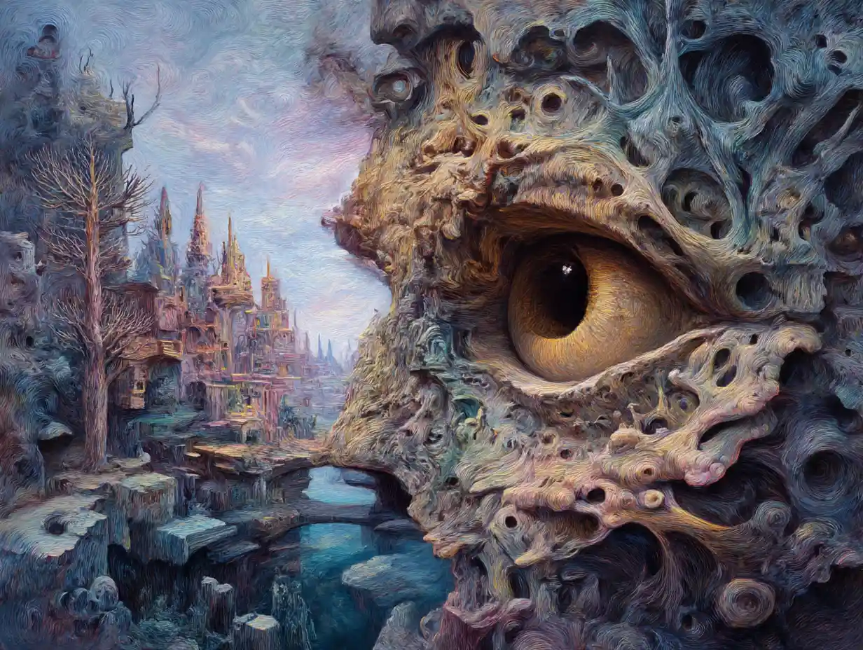 Figure umane surreali fuse con un paesaggio onirico e contorto