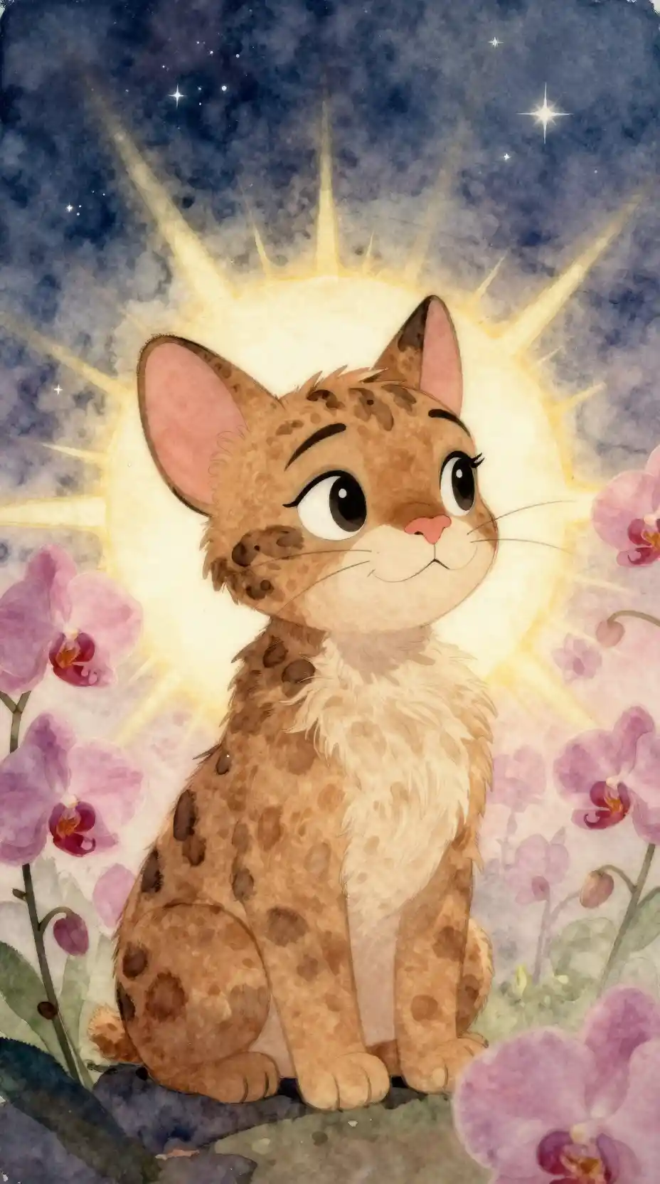 Chica gato de fantasía en acuarela bajo un cielo estrellado y romántico