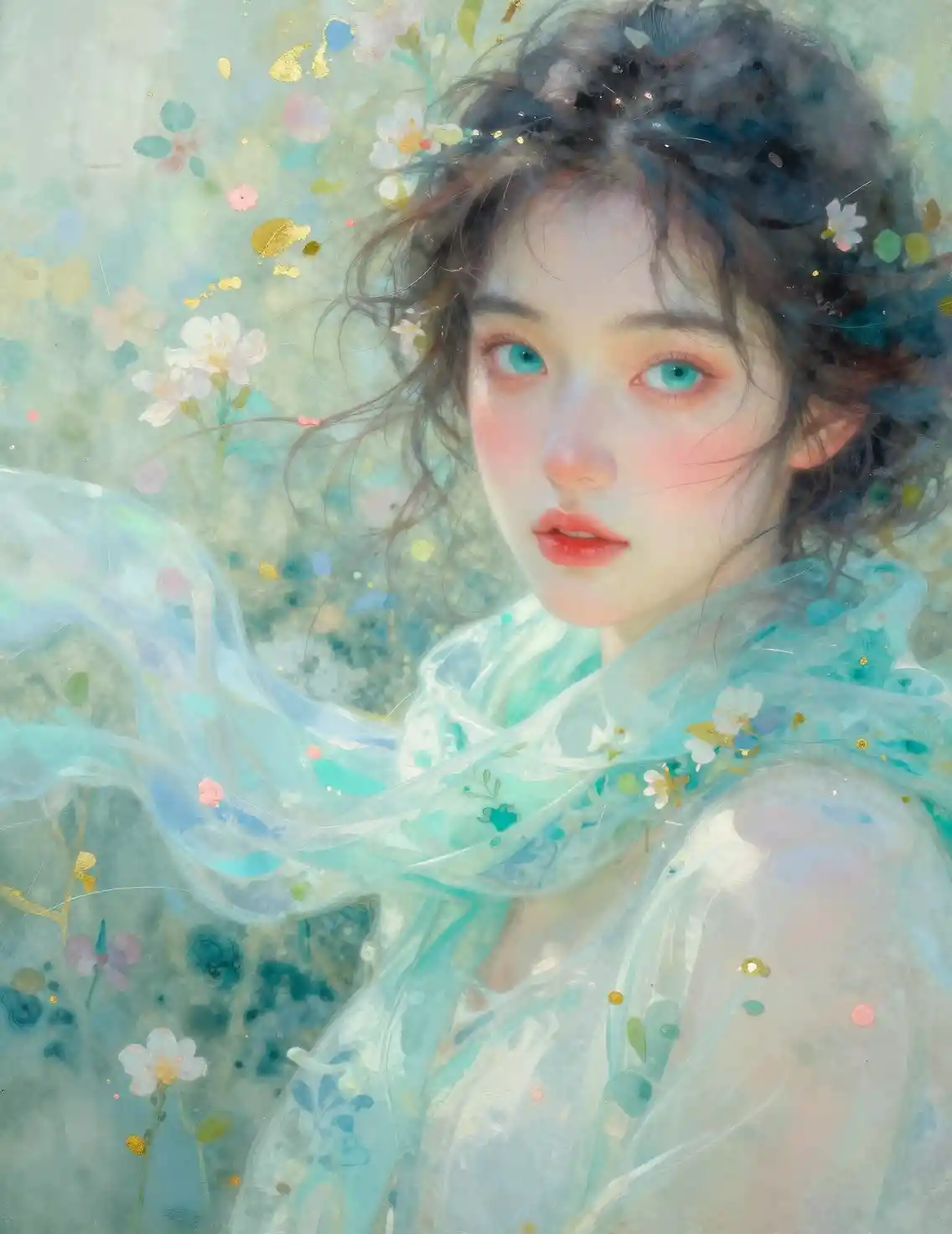 Garota de olhos turquesa em um retrato floral abstrato onírico