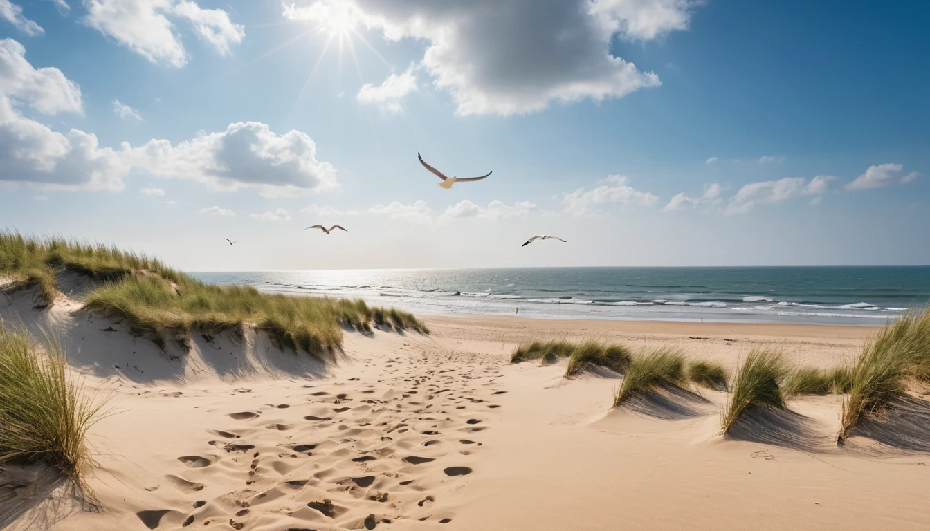 Seagull on a sandy beach dune above waves and sky