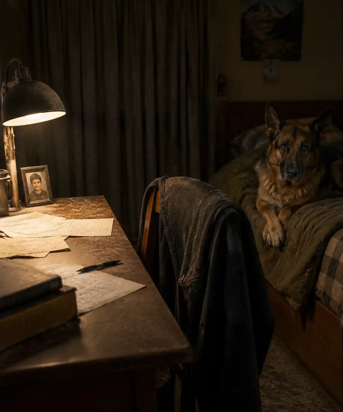 German shepherd on a dusty bed in a dark bedroom