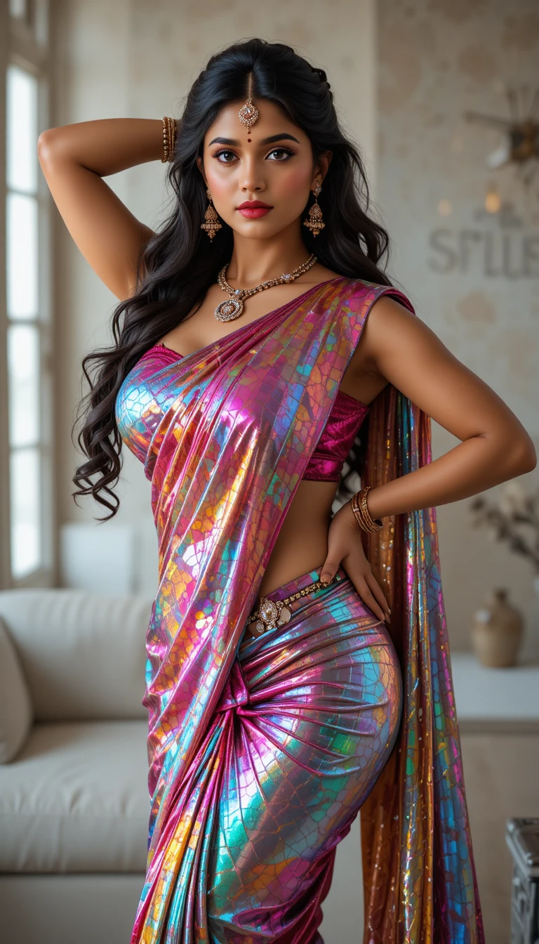 Mujer india glamurosa con sari reflectante posando en interiores