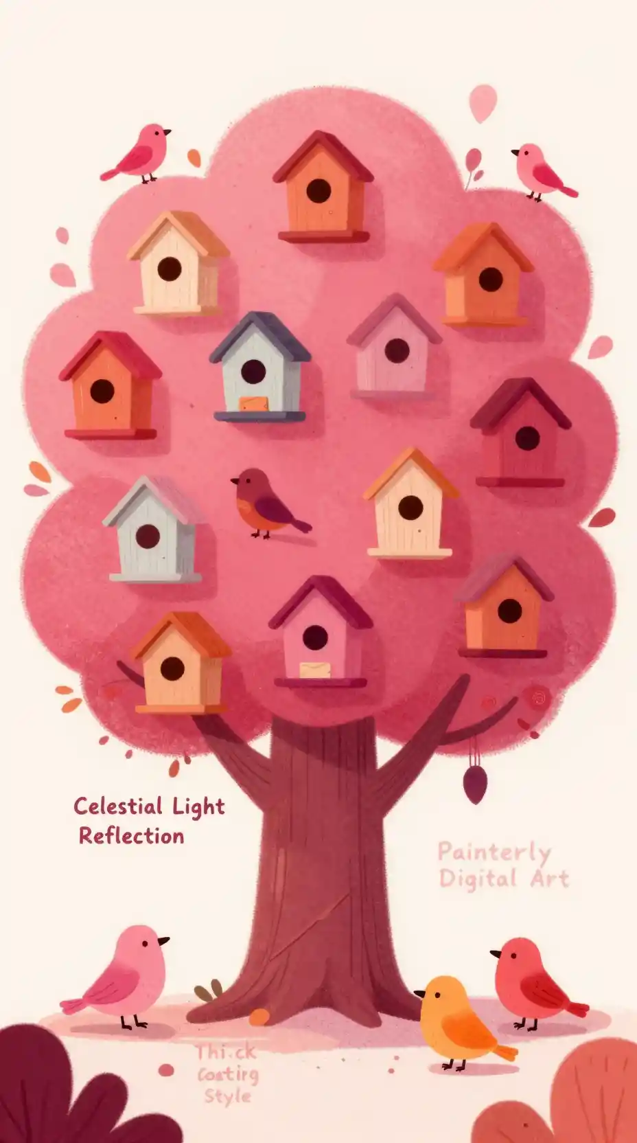 Whimsical bird village tree in warm magenta and orange
