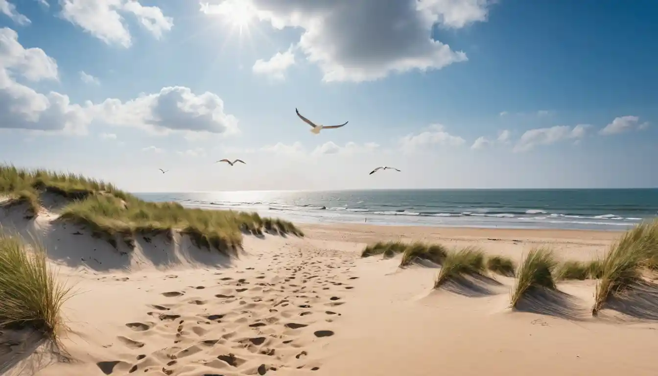 Seagull on a sandy beach dune above waves and sky