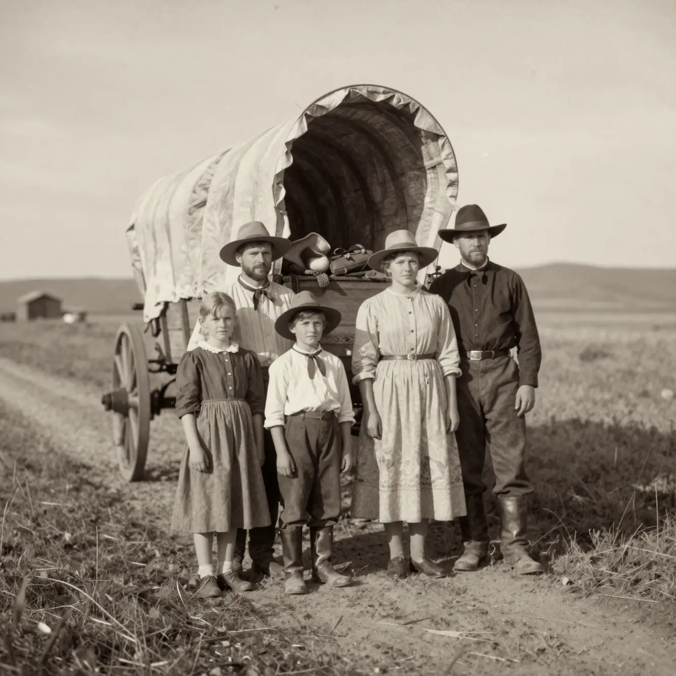 Família de migrantes posando ao lado de uma carroça coberta na trilha da fronteira