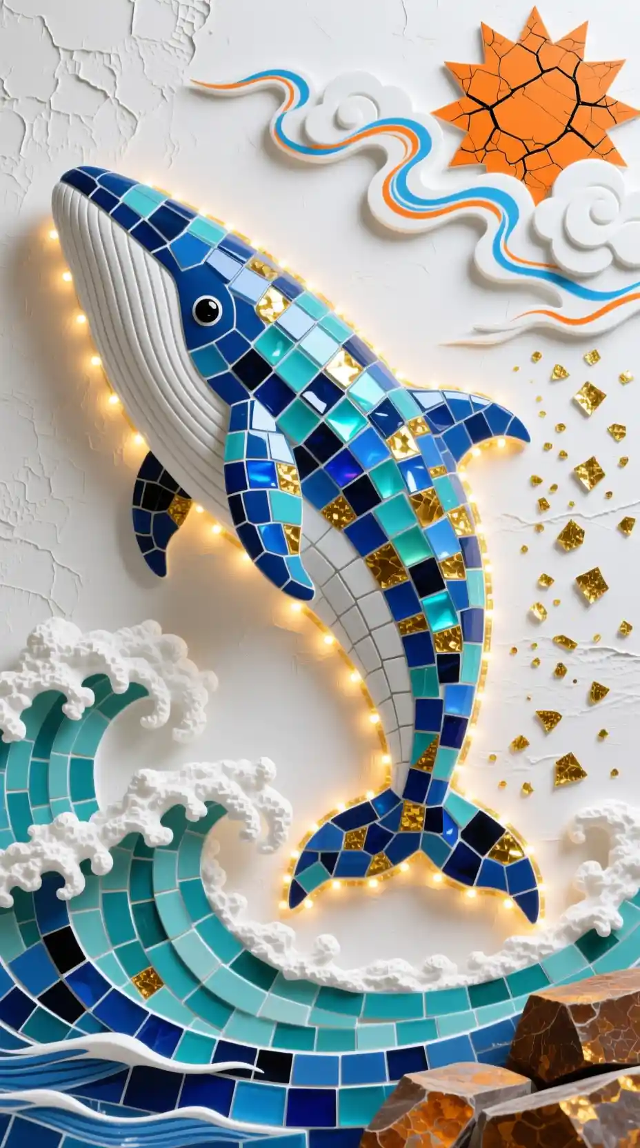Rilievo a mosaico di balena blu con luci luminose e onde