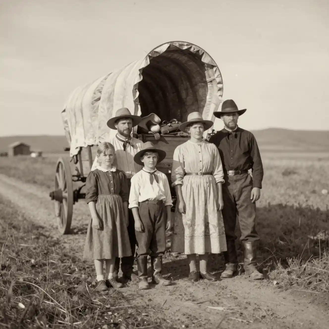Família de migrantes posando ao lado de uma carroça coberta na trilha da fronteira