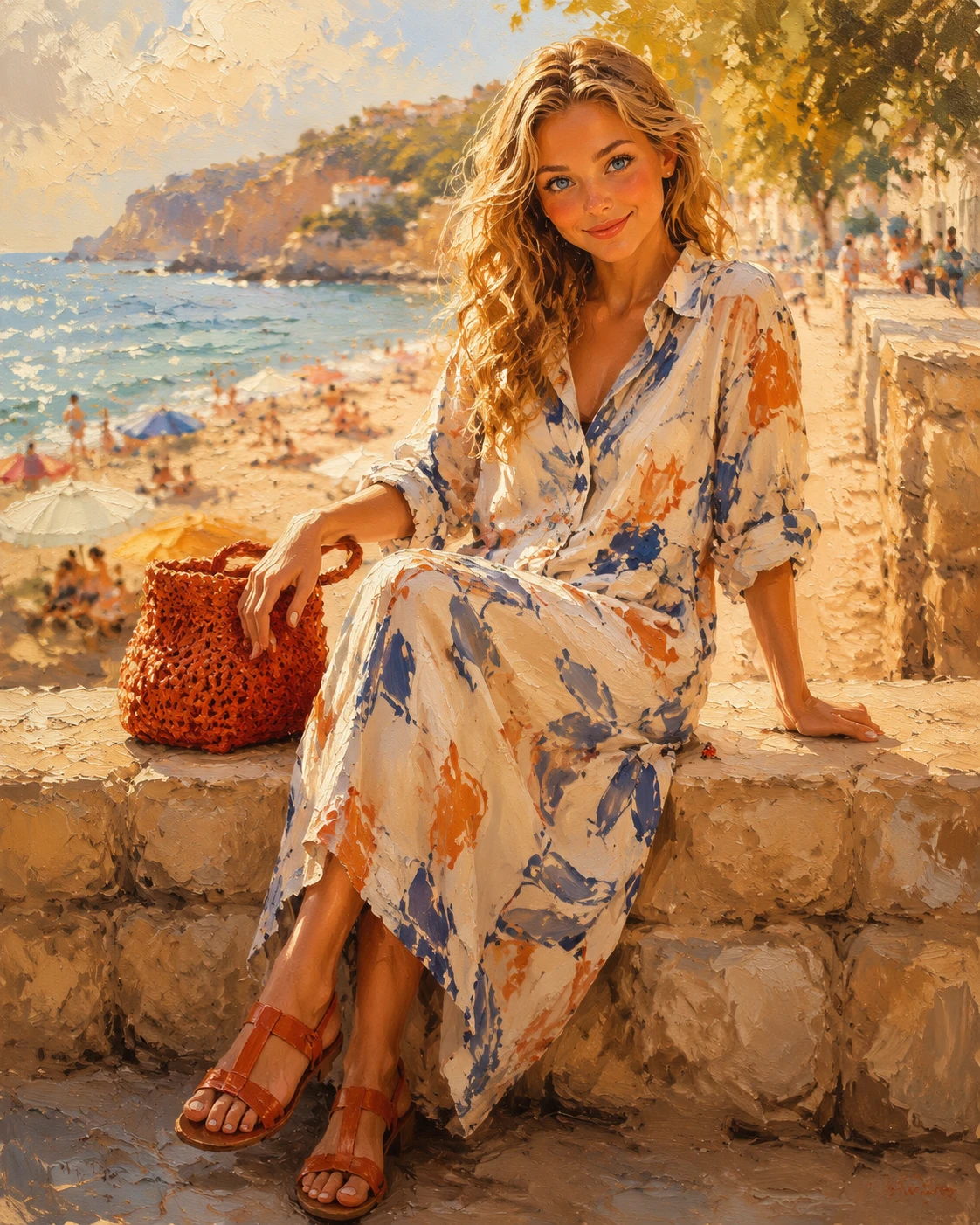 Blonde young woman in ivory dress sitting by sunny beach