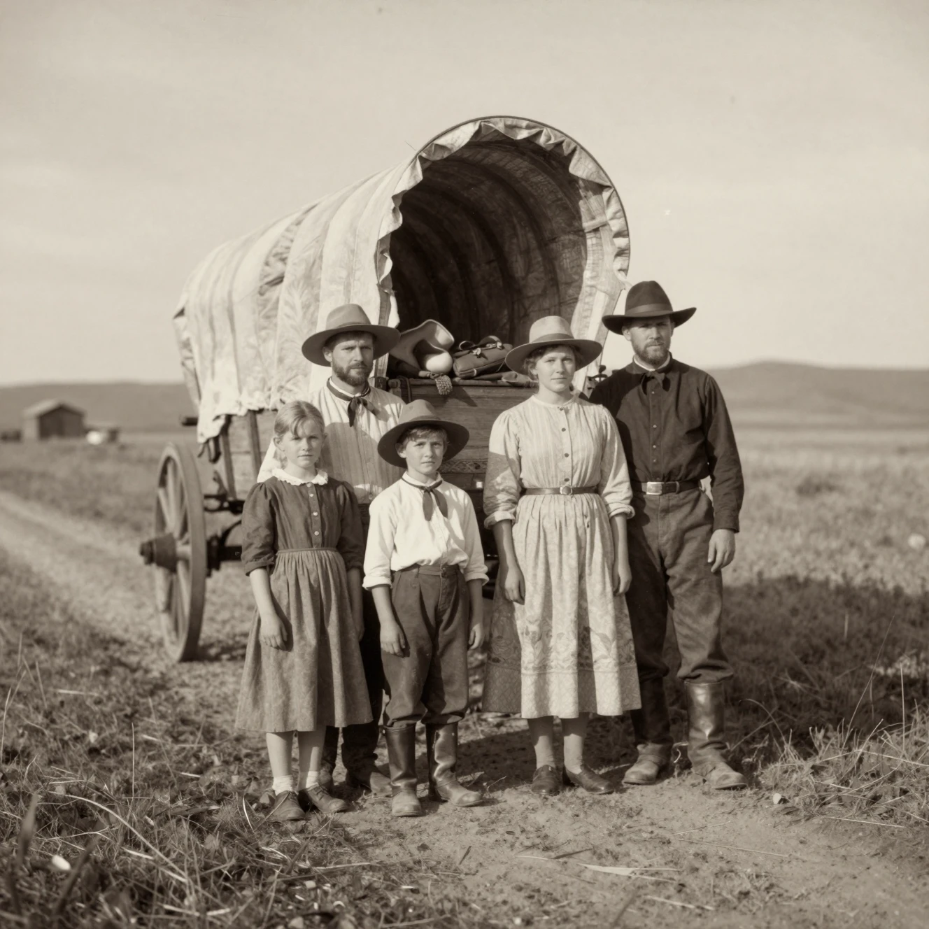 Família de migrantes posando ao lado de uma carroça coberta na trilha da fronteira