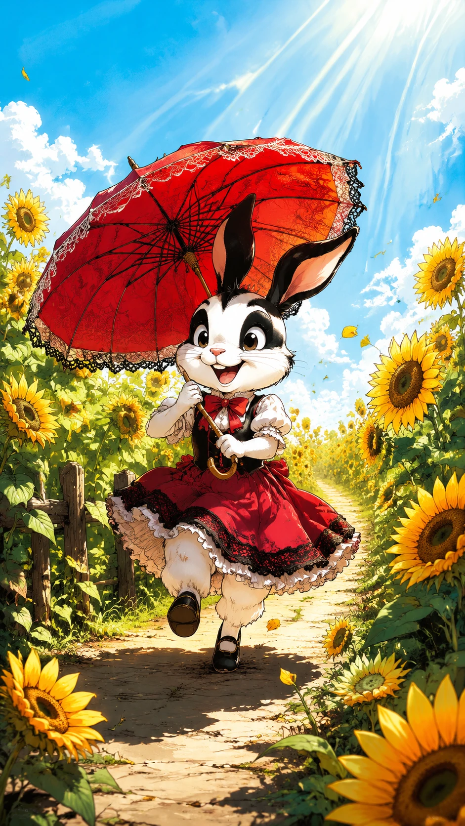 Conejo alegre con sombrilla roja en un soleado campo de girasoles
