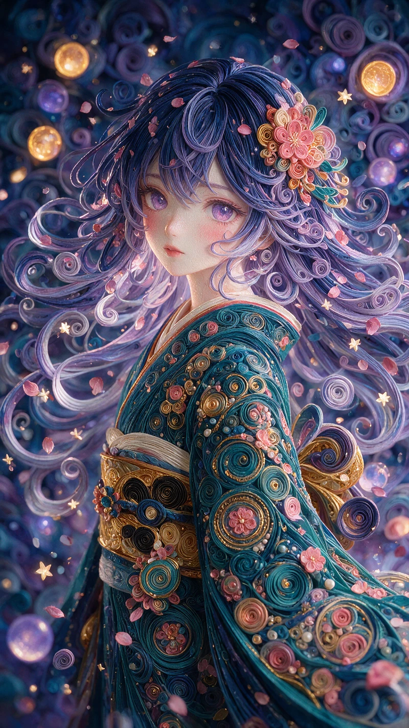 Quilling paper anime girl with flowing floral hair