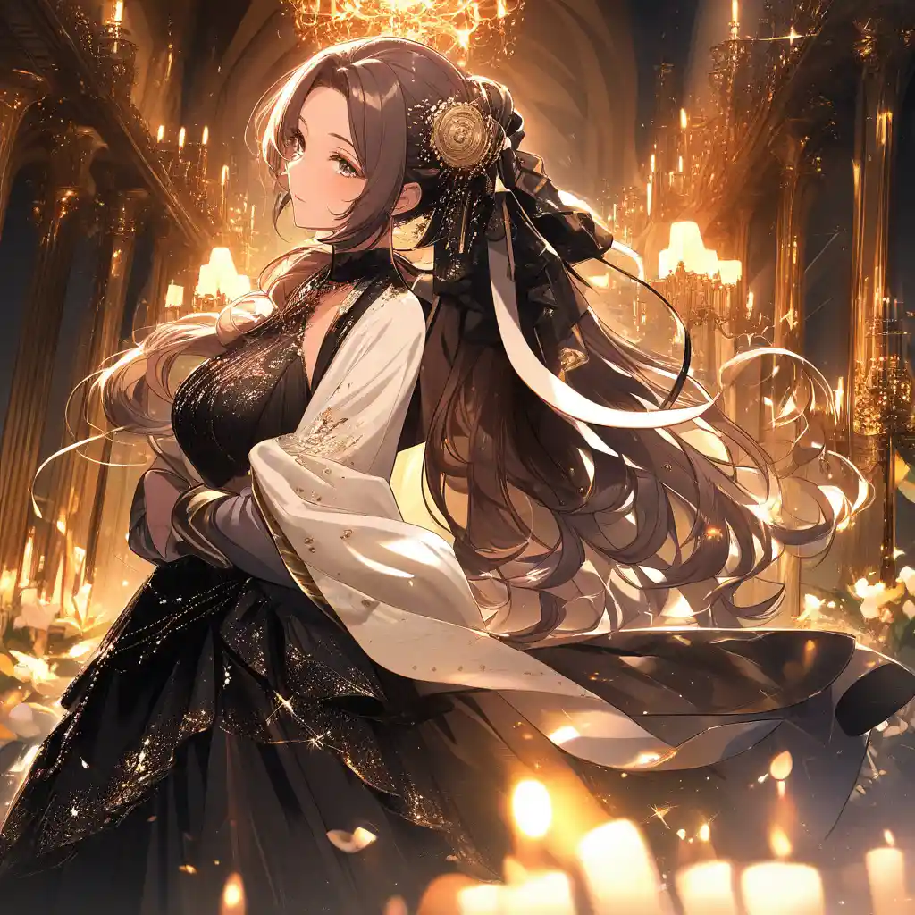 Young debutante in a regal ballroom under warm candlelight