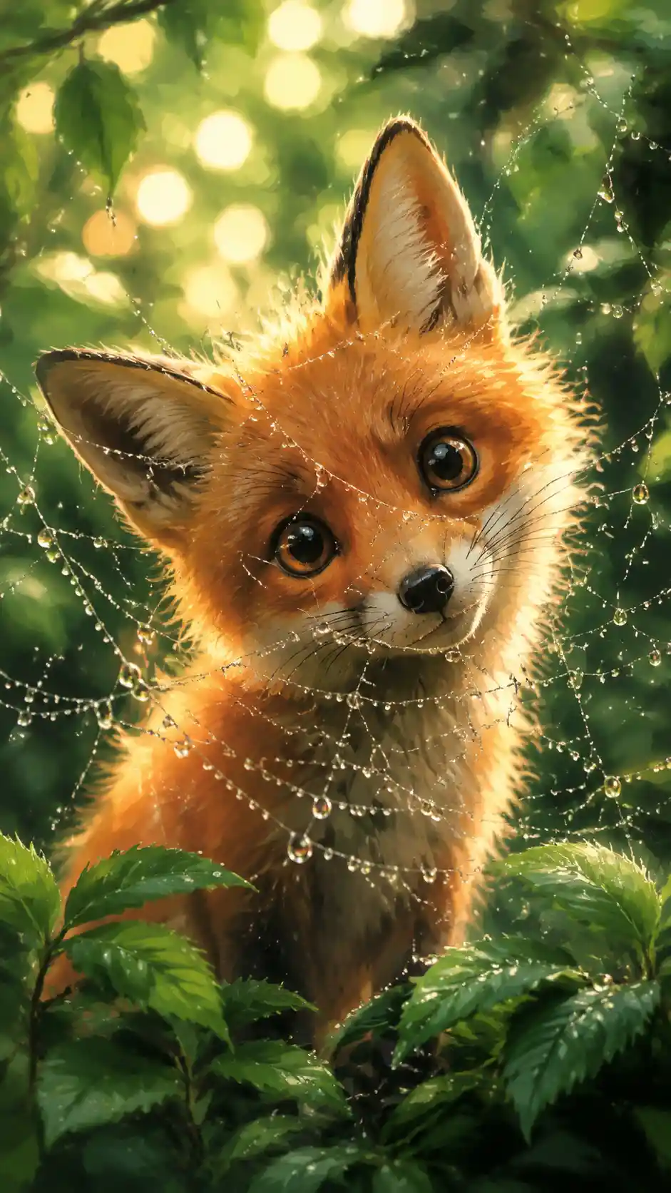 Bébé renard curieux derrière une toile perlée de rosée dans une forêt verte