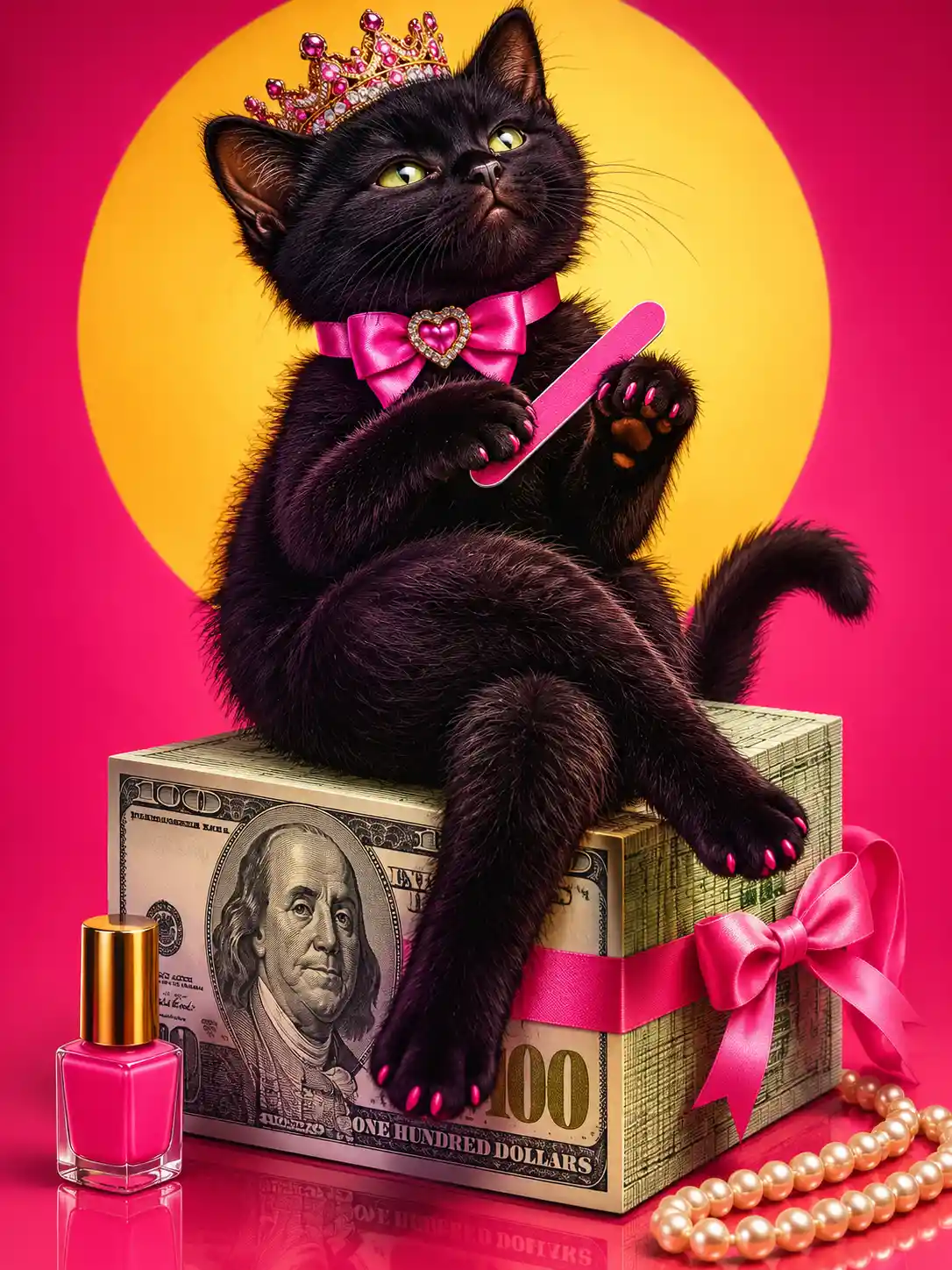 Pop art black kitten on money cube filing its nails