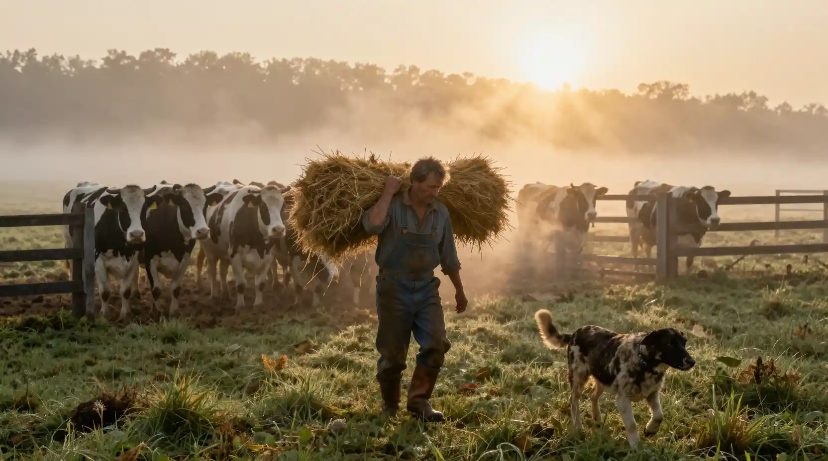 Landwirt trägt Heu zu Milchkühen im nebligen Sonnenaufgang