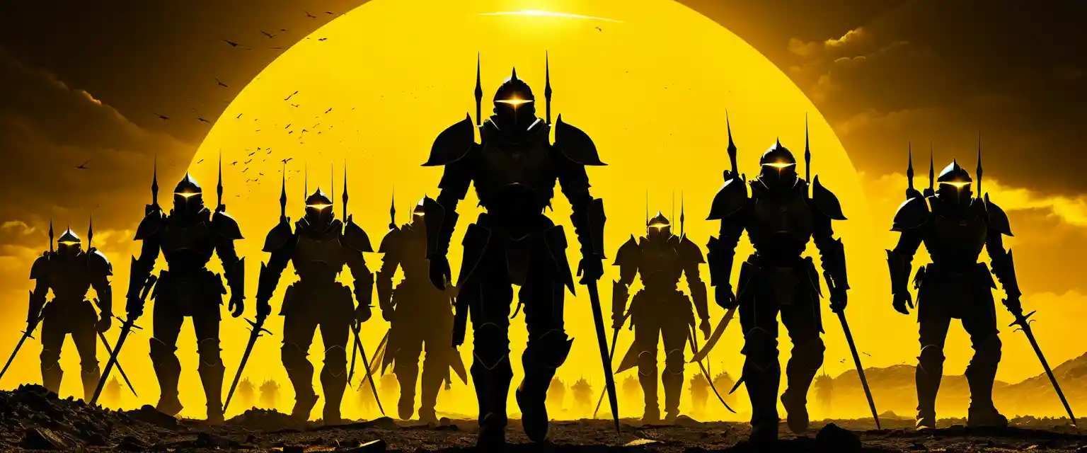 Exército de robôs futuristas marchando por um ermo arruinado