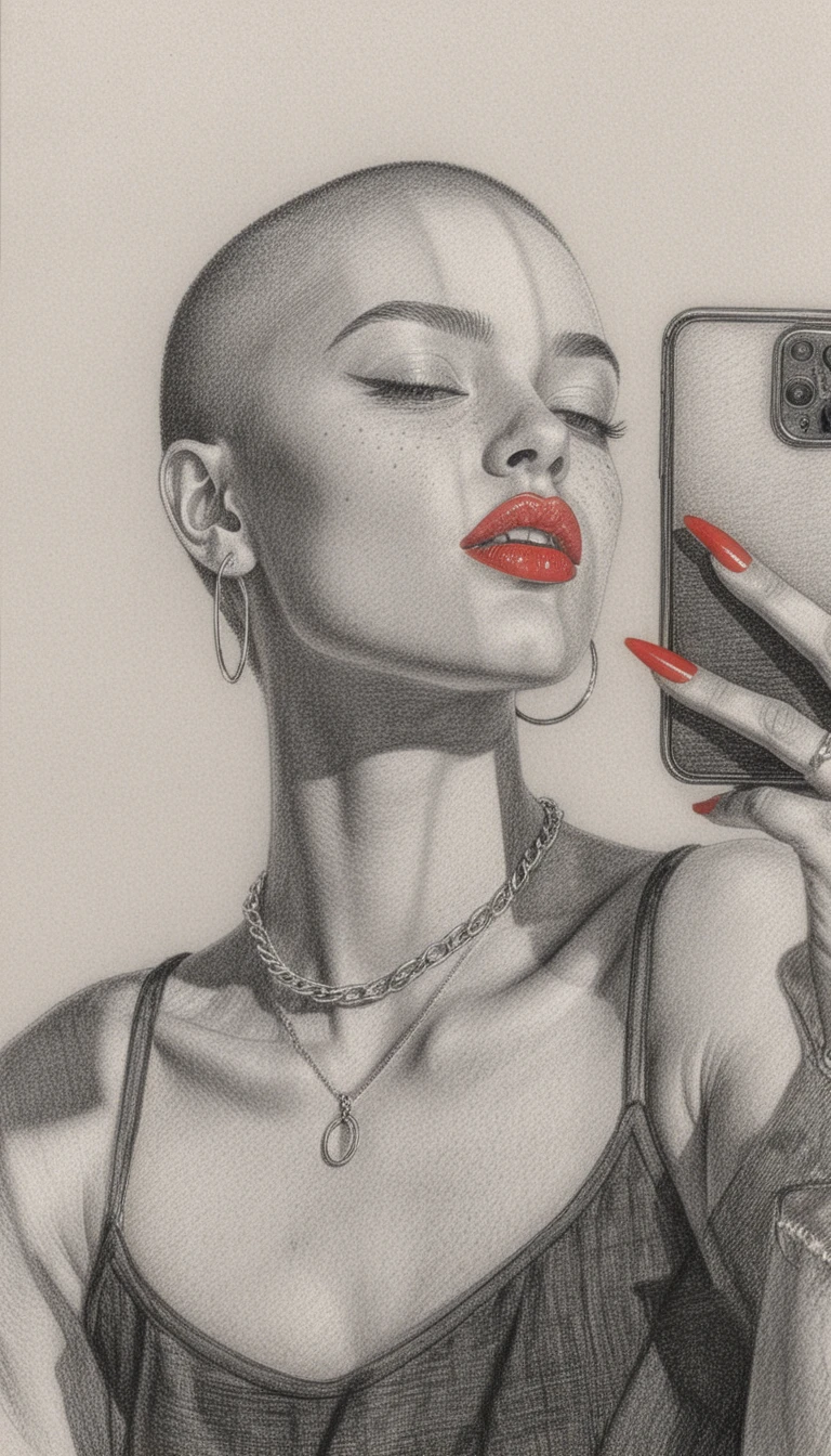 Retrato en grafito de una mujer con estilo haciéndose un tranquilo selfie en el espejo