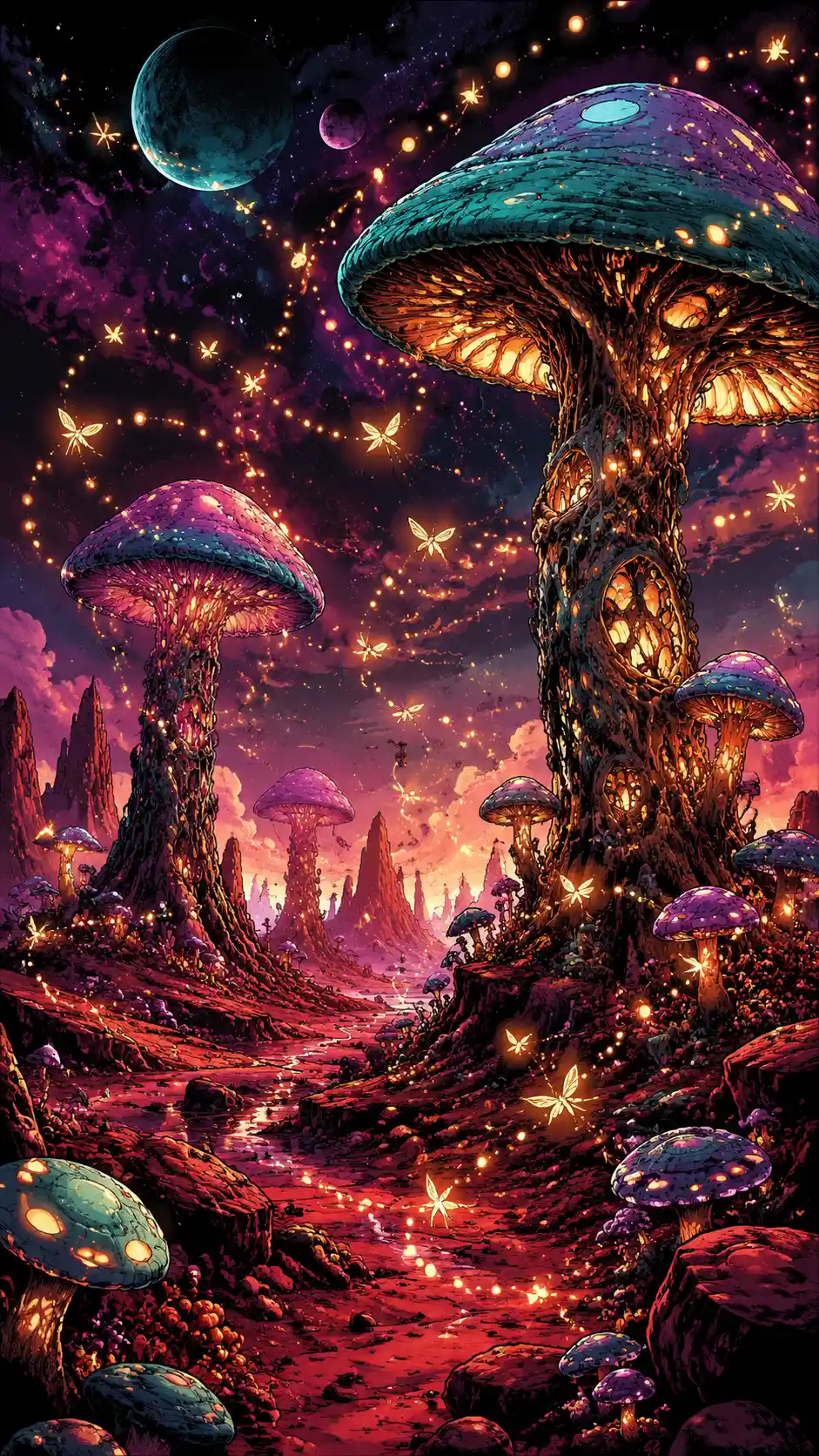Leuchtende Alien-Pilze auf surrealer roter Felsenlandschaft