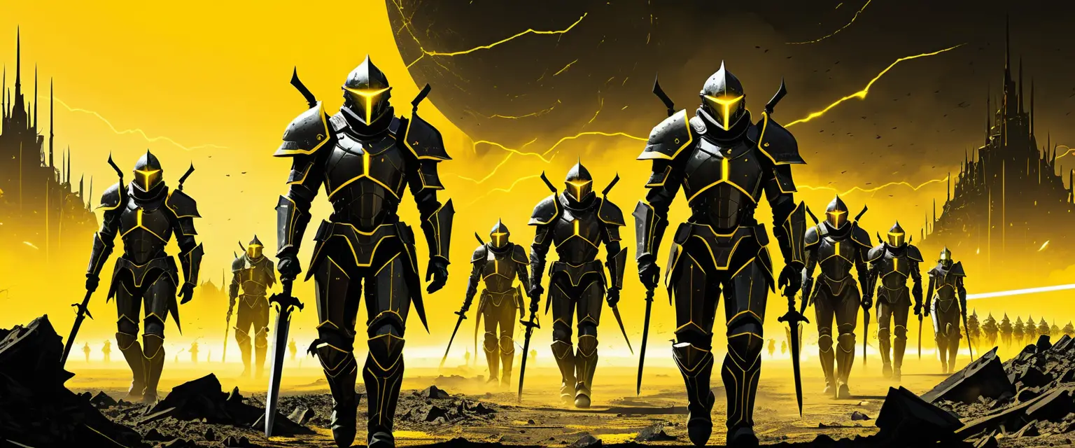 Exército mecanizado futurista marchando por um ermo arruinado