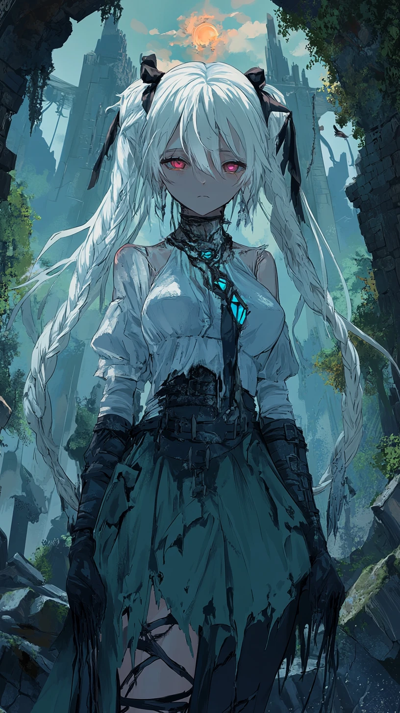 Garota de anime com trança branca e sorriso fantasmagórico