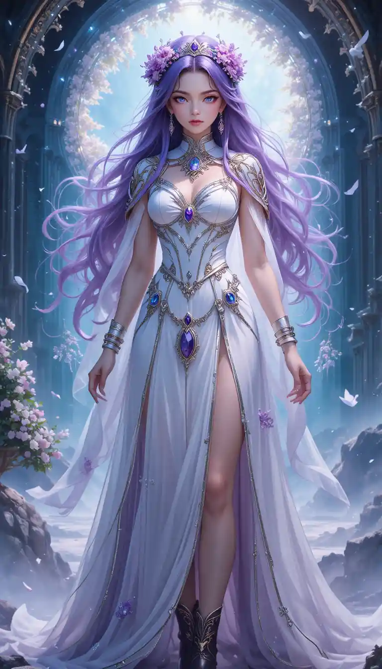 Joven bruja de anime de cabello violeta con túnica ornamentada