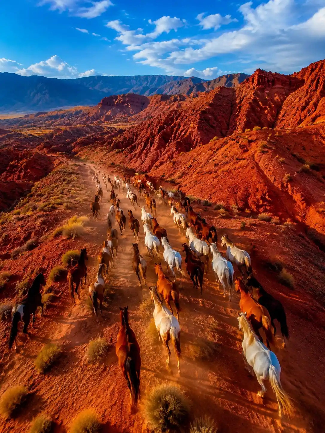 Caballos corriendo a través de un paisaje montañoso de roca roja y escarpada