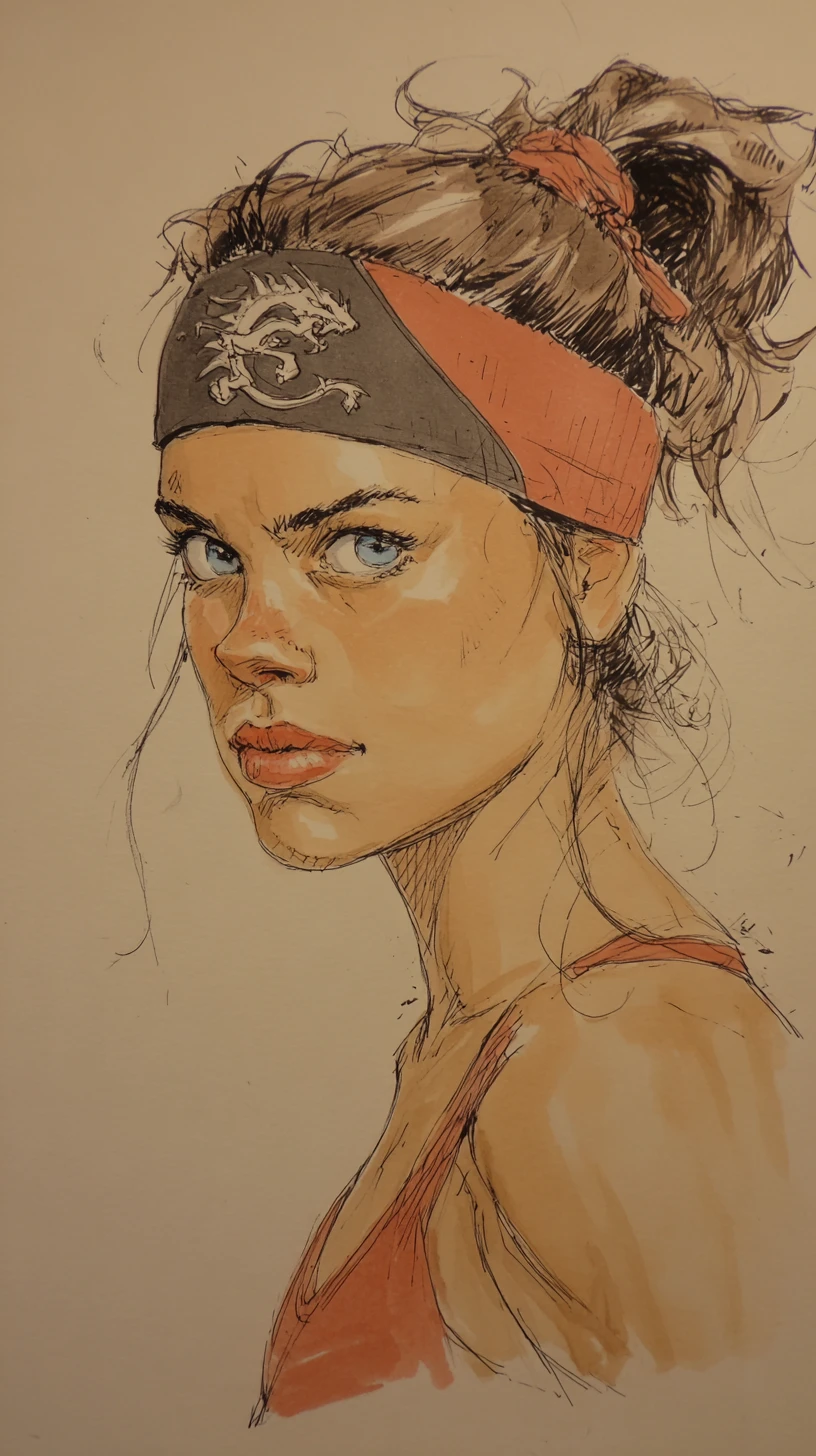 Retrato intenso de mujer atlética con fondo de boceto floral