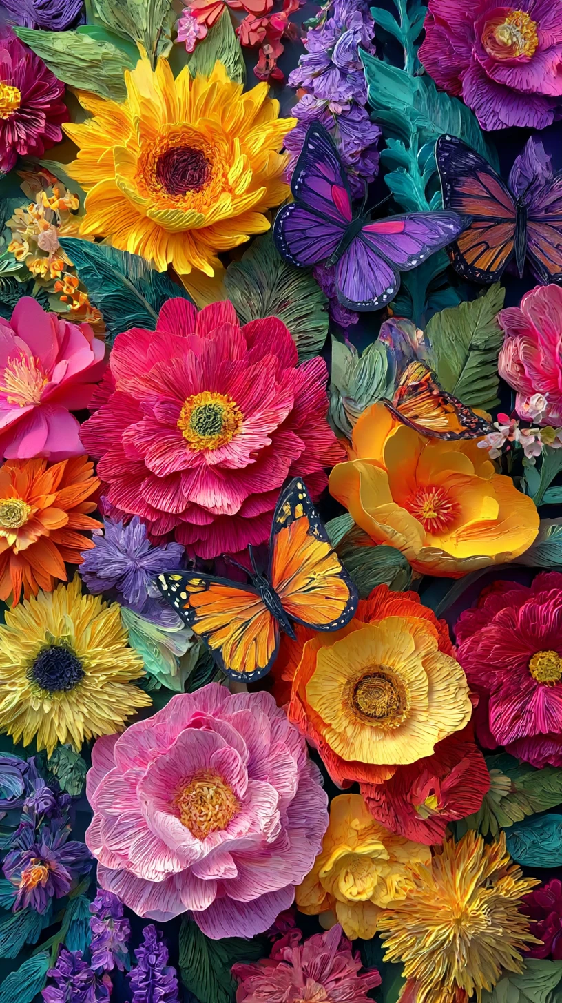 Jardim de Papel com Coloridas Flores de Verão e Borboletas