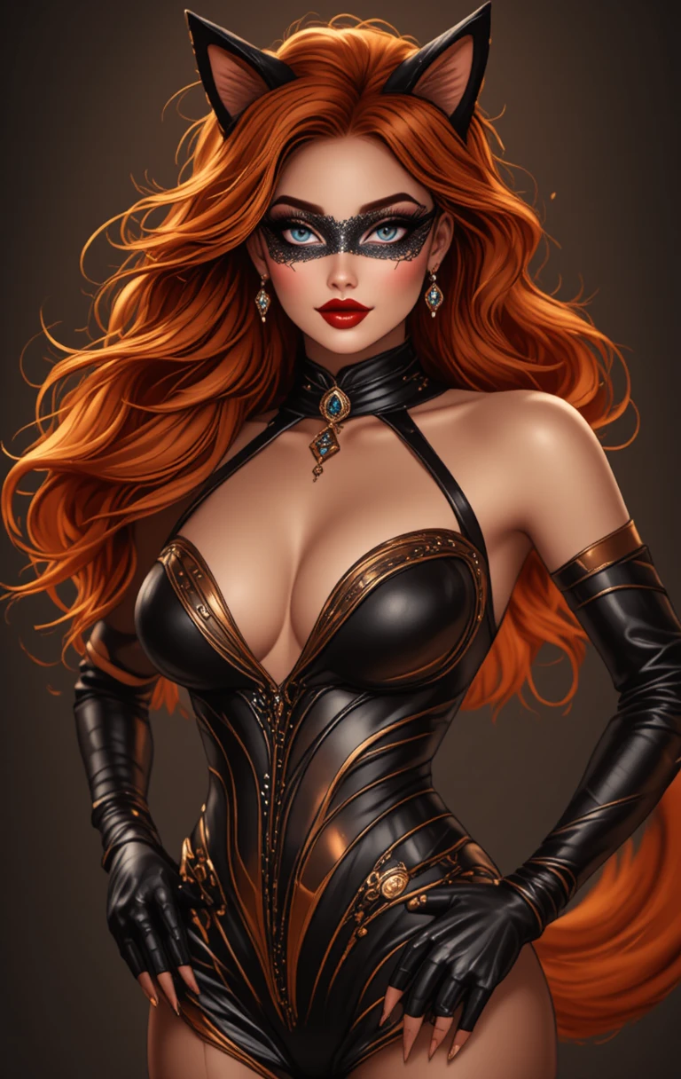 Villana gata seductora con pelo naranja y máscara