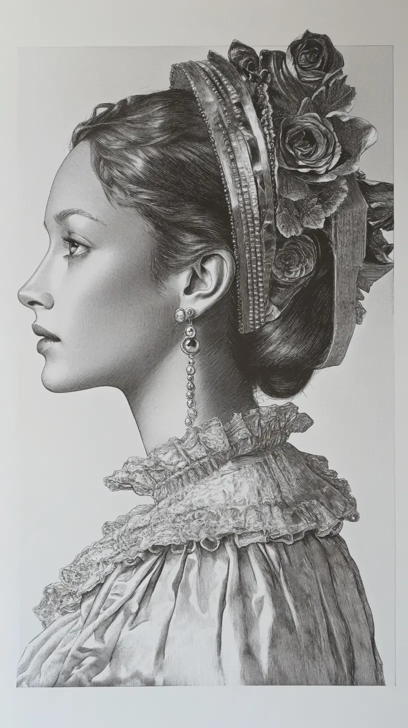 Charcoal profile portrait of a contemplative woman on gold