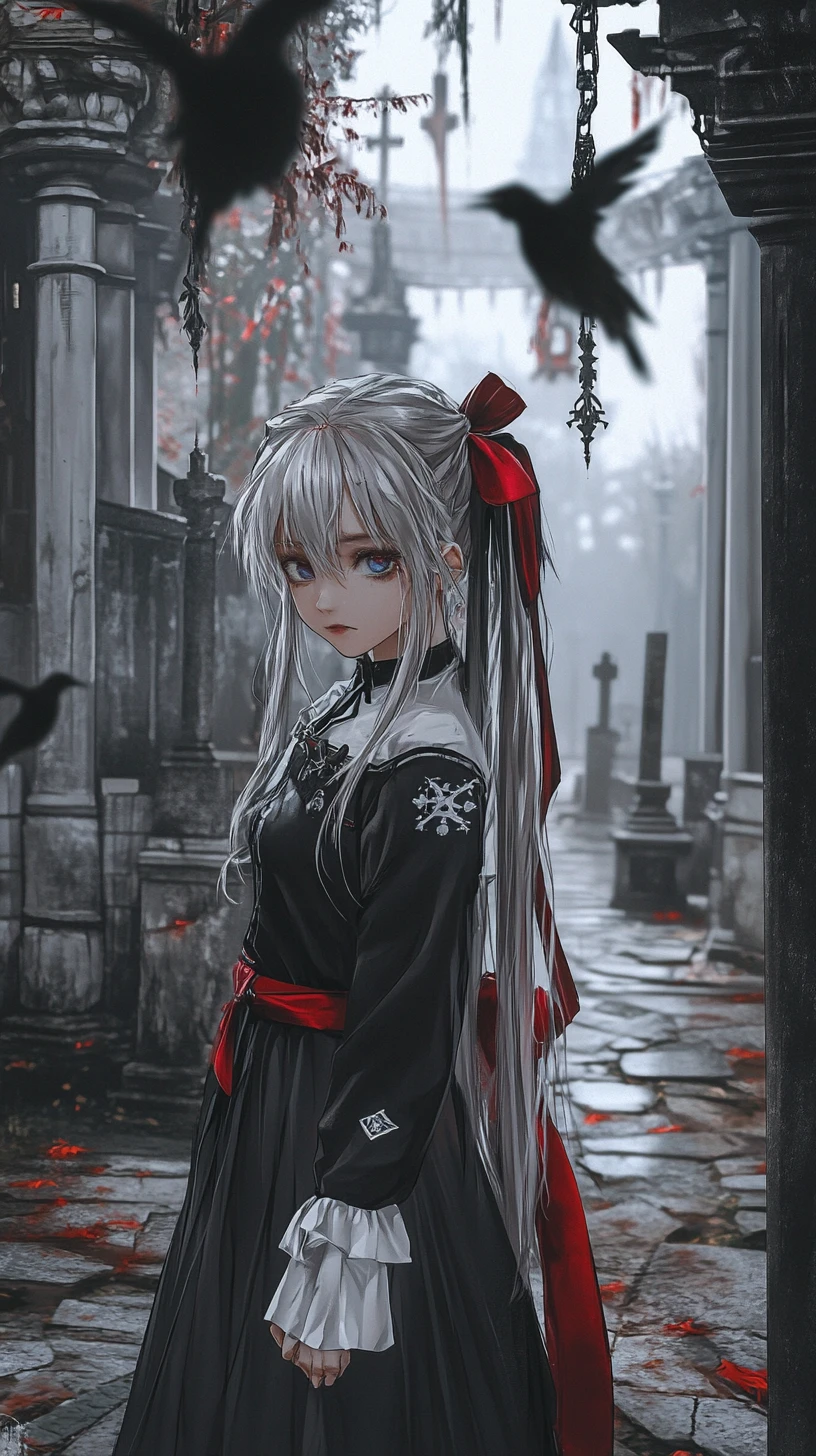 Old columned building by foggy cemetery in dark anime scene