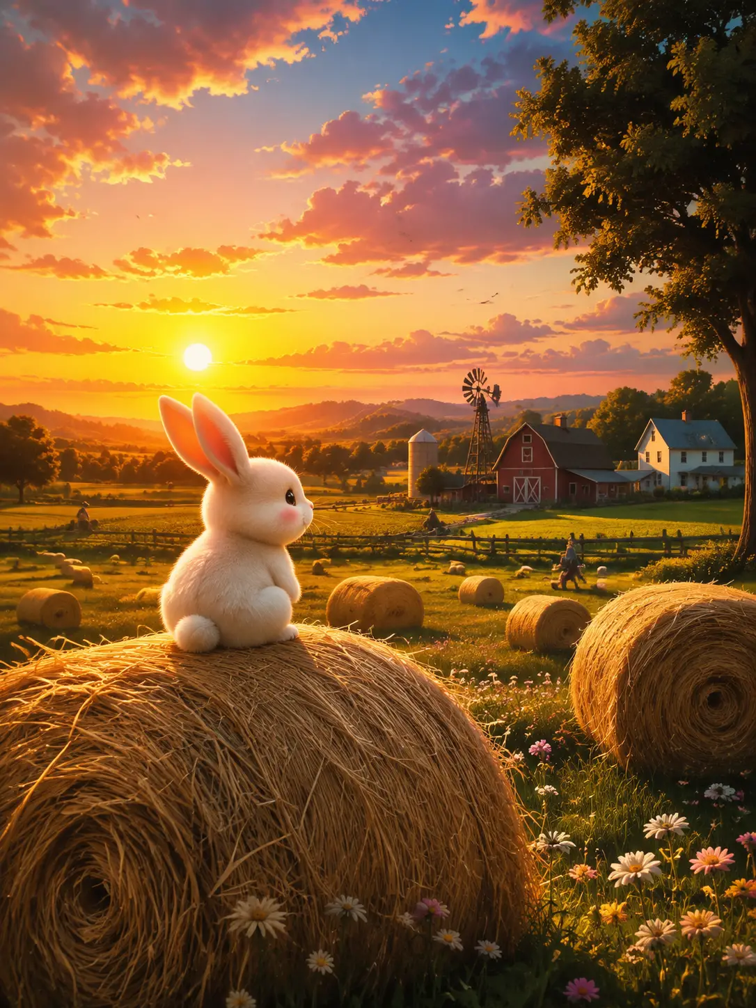 Cute rabbit on haystack watching a colorful farm sunset