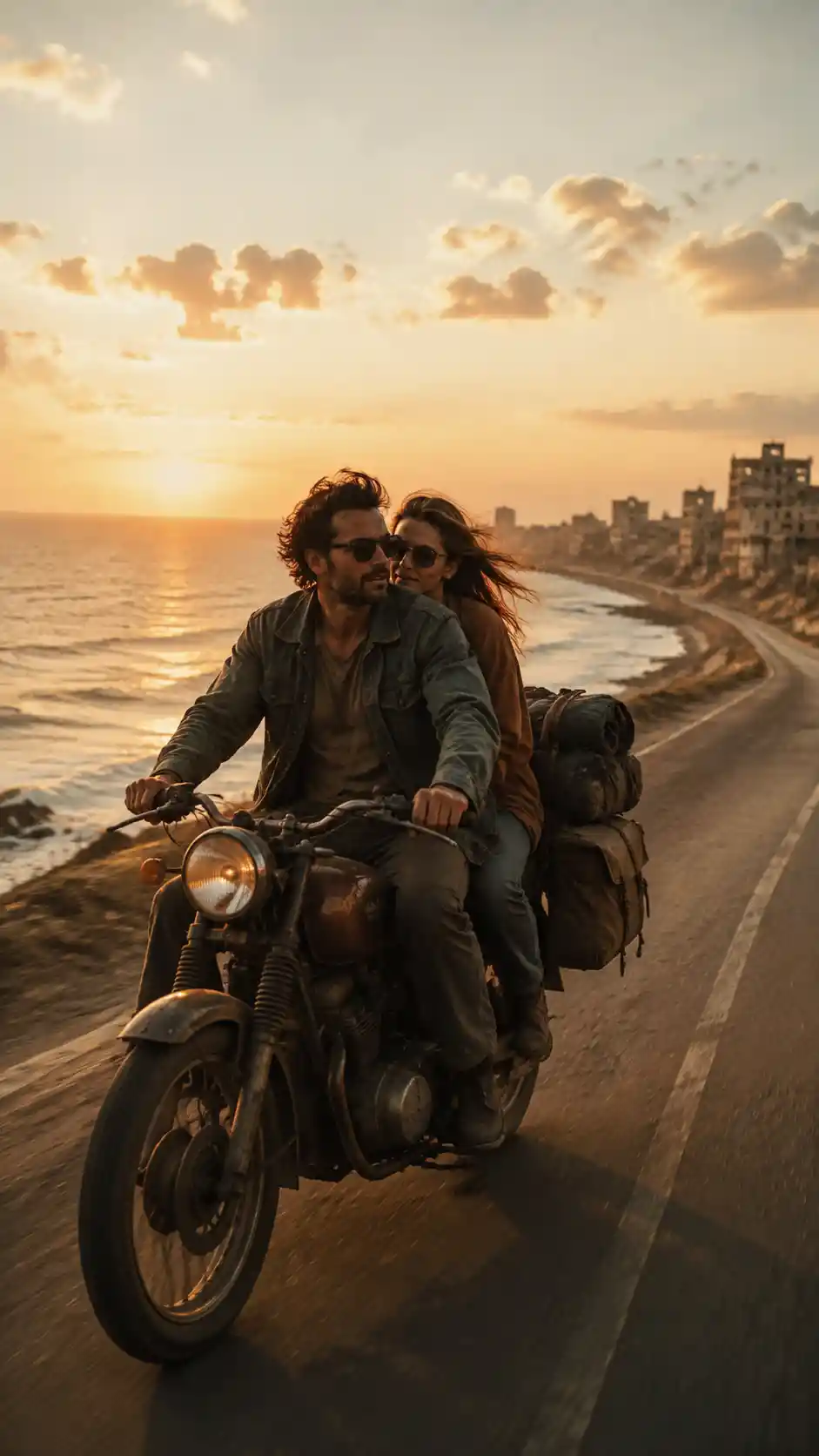 Couple riding a motorcycle along a quiet coastal road