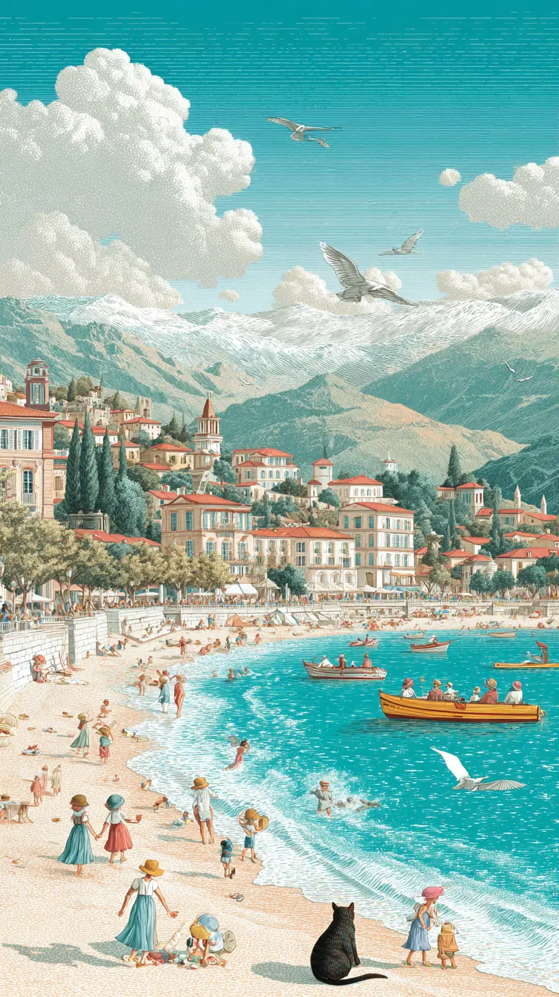 Sunlit Mediterranean beach town with families by the sea