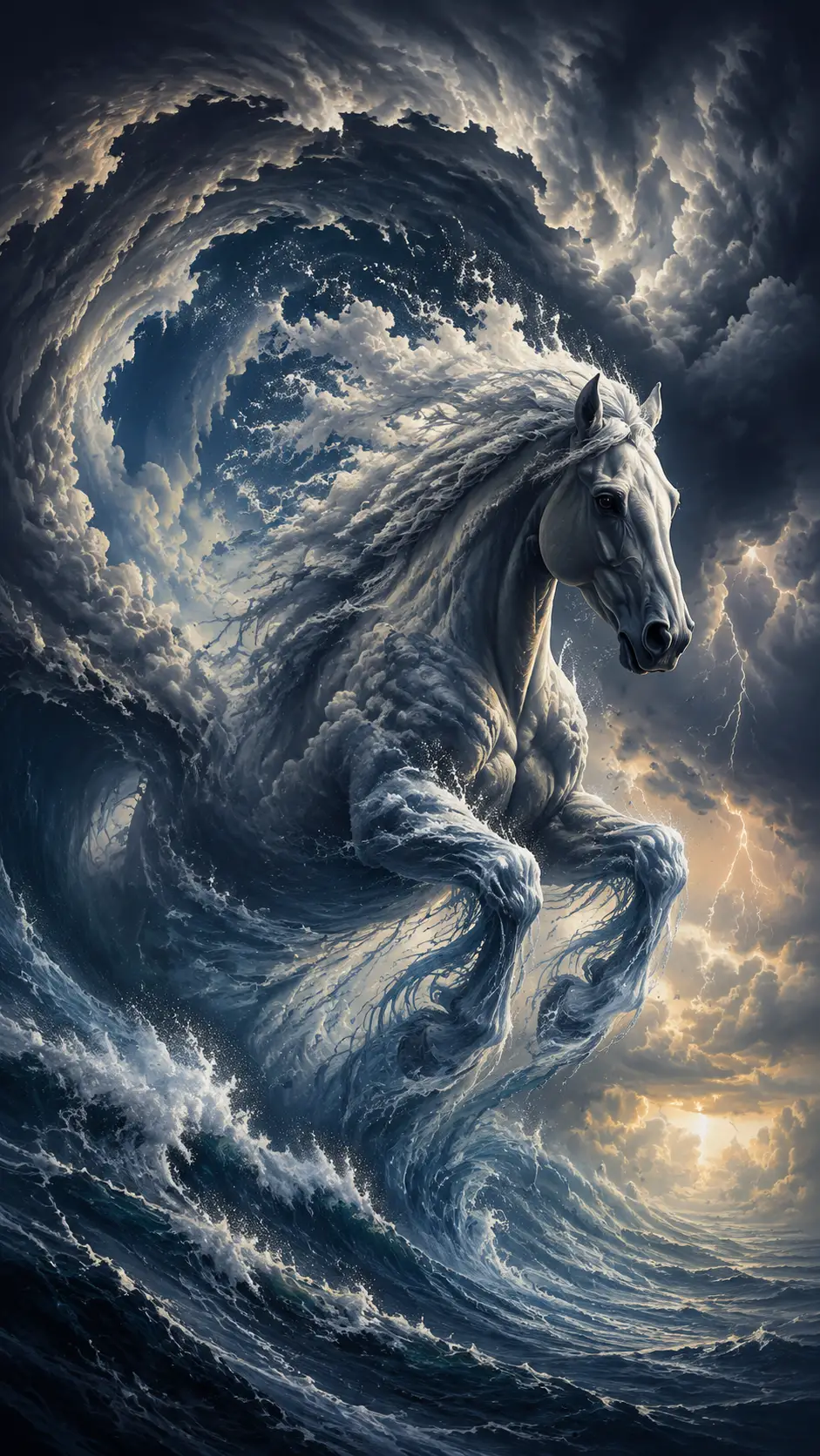 Cavalo surreal galopando por uma onda oceânica de nuvens de tempestade