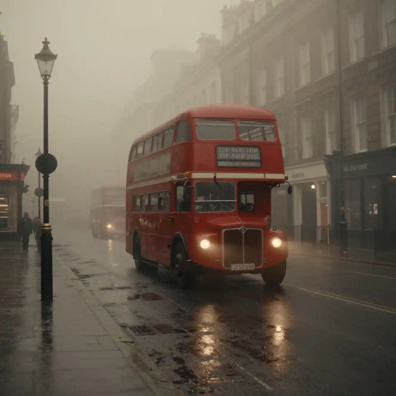 Ônibus de dois andares em uma noite enevoada em Londres