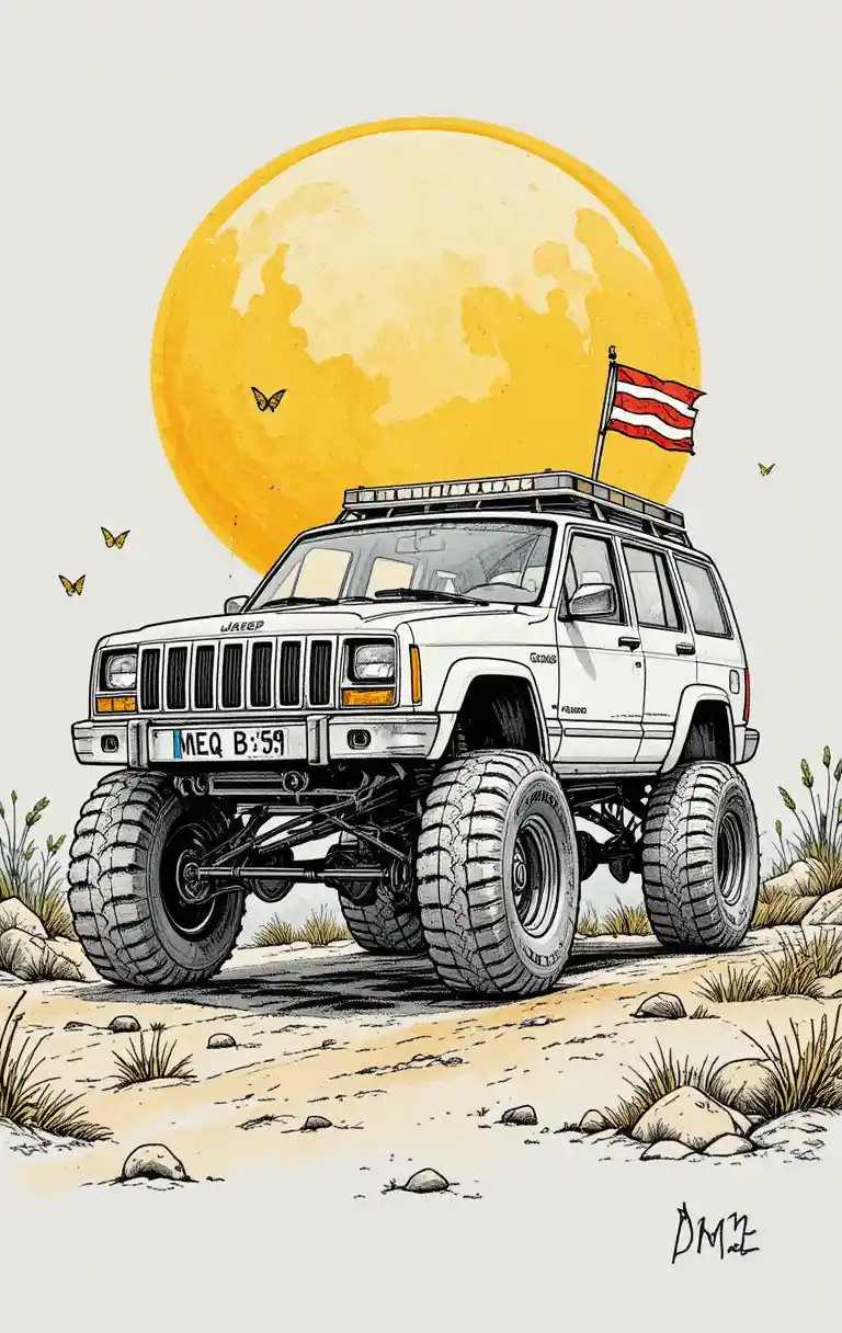 Hand drawn lifted jeep cherokee on rugged dirt ground