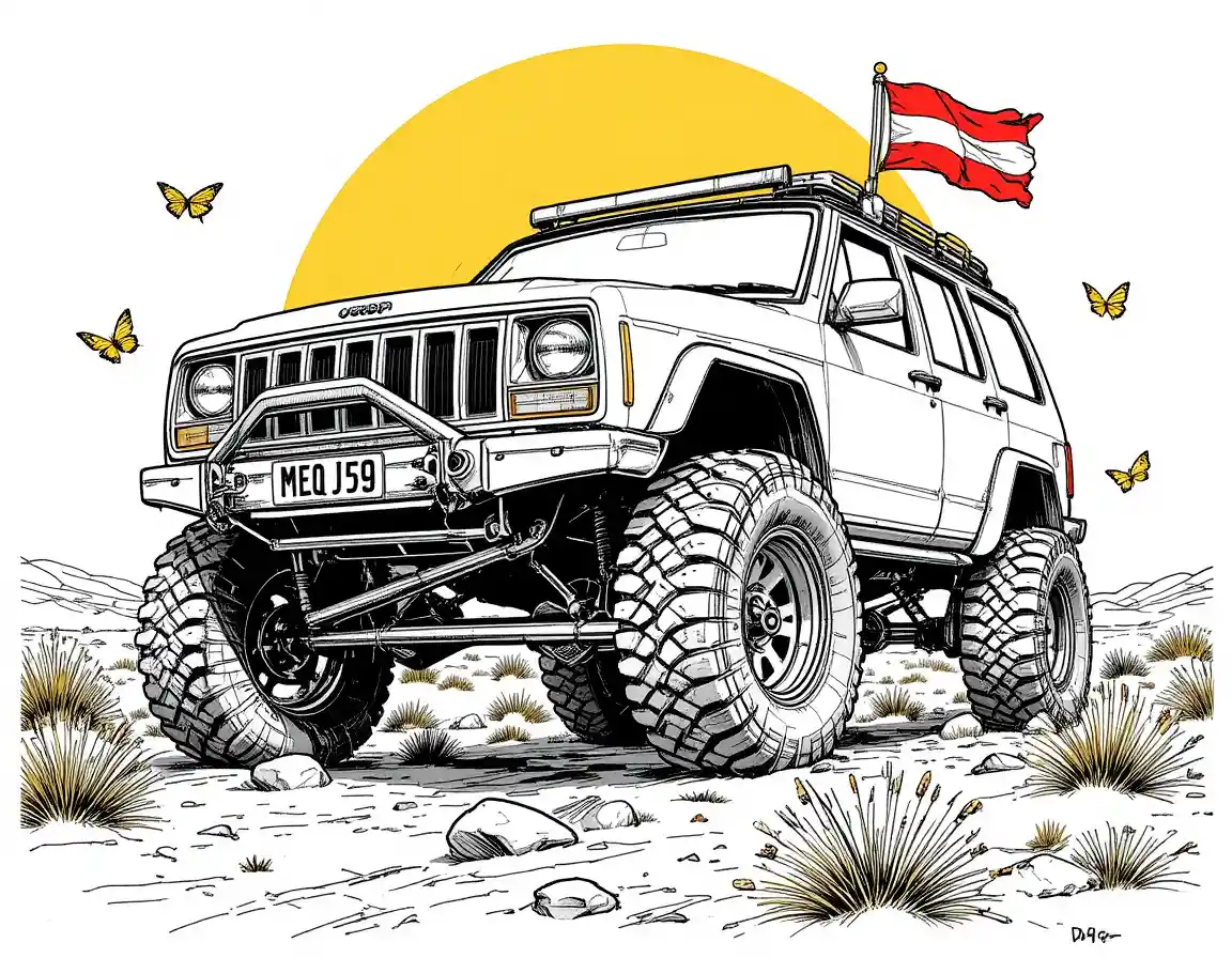 Ilustración de Jeep Cherokee elevado en audaz escena desértica