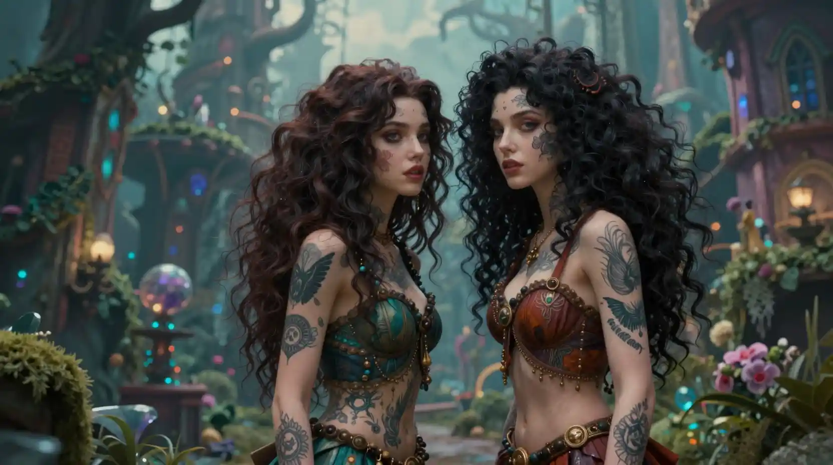 Irmãs tatuadas surreais explorando uma cidade de fantasia sombria