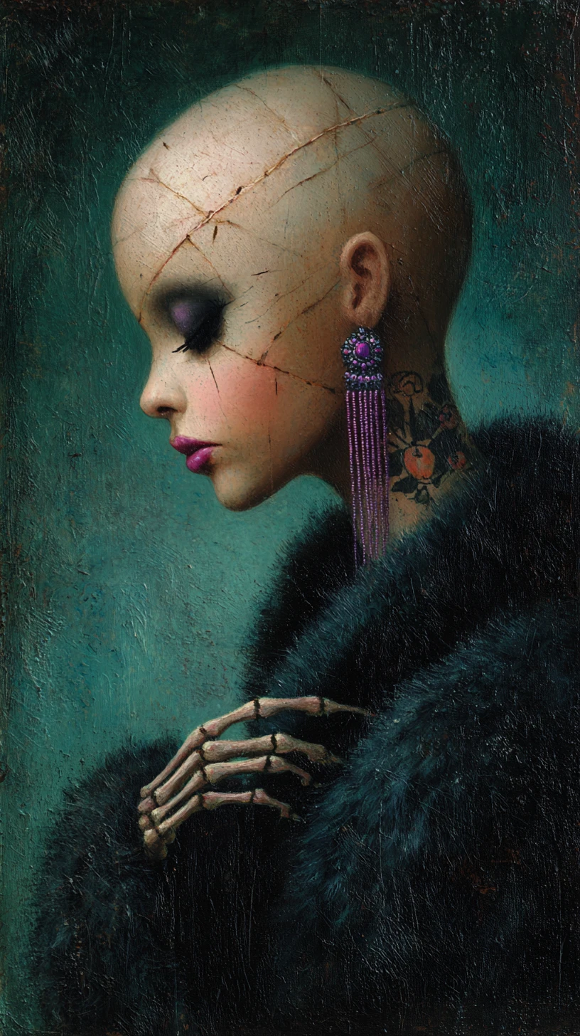 Retrato gótico surreal de uma mulher de porcelana costurada