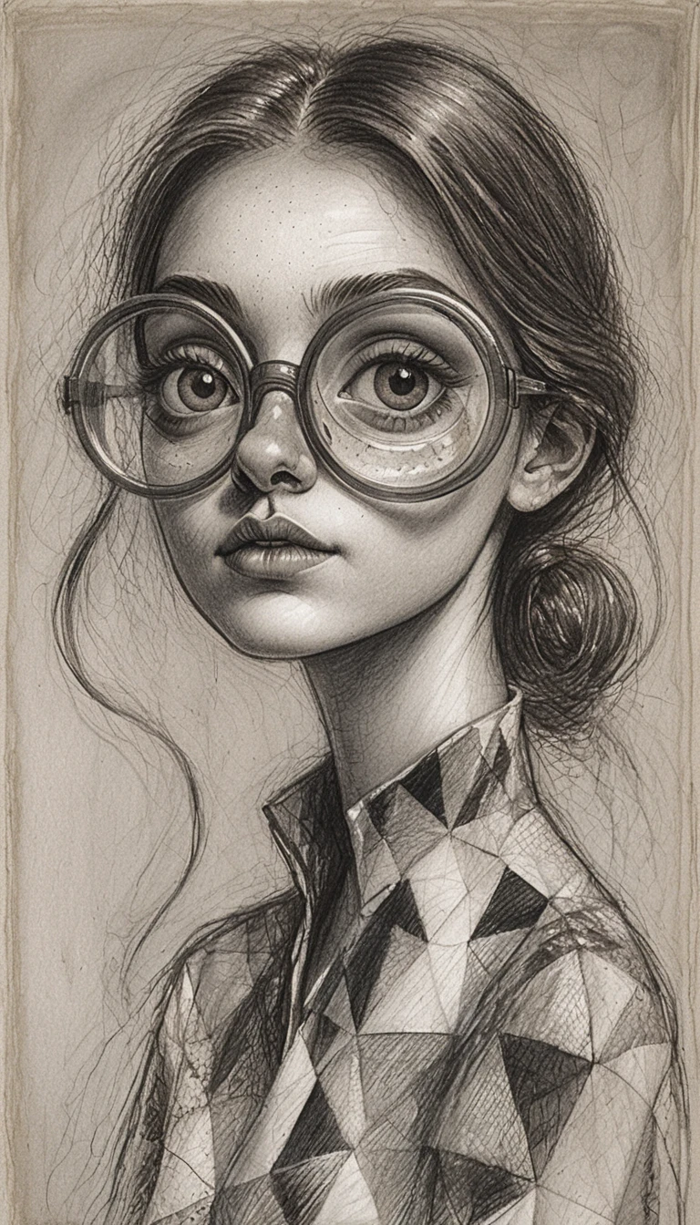 Retrato en grafito de una mujer joven con gafas redondas extragrandes