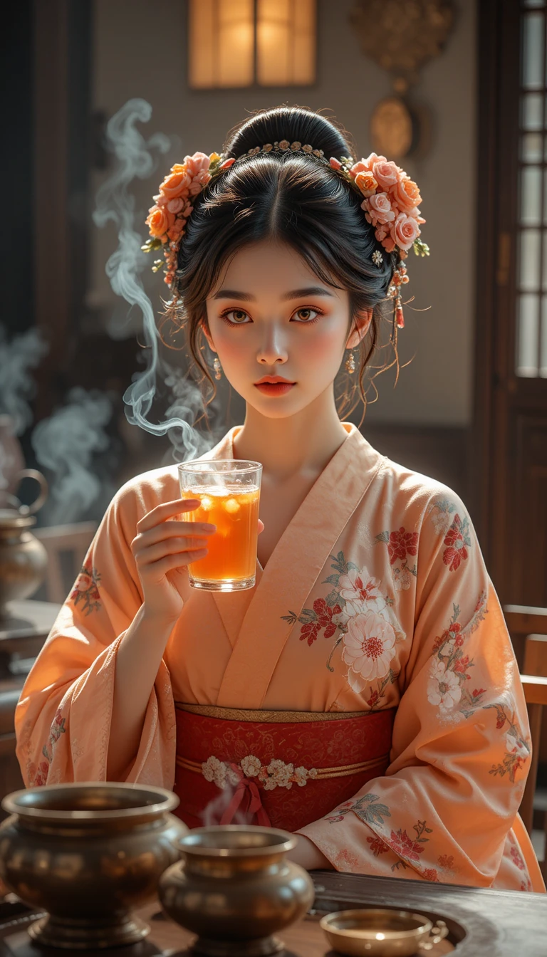 Mujer elegante con kimono sosteniendo una bebida humeante en vaso de vidrio