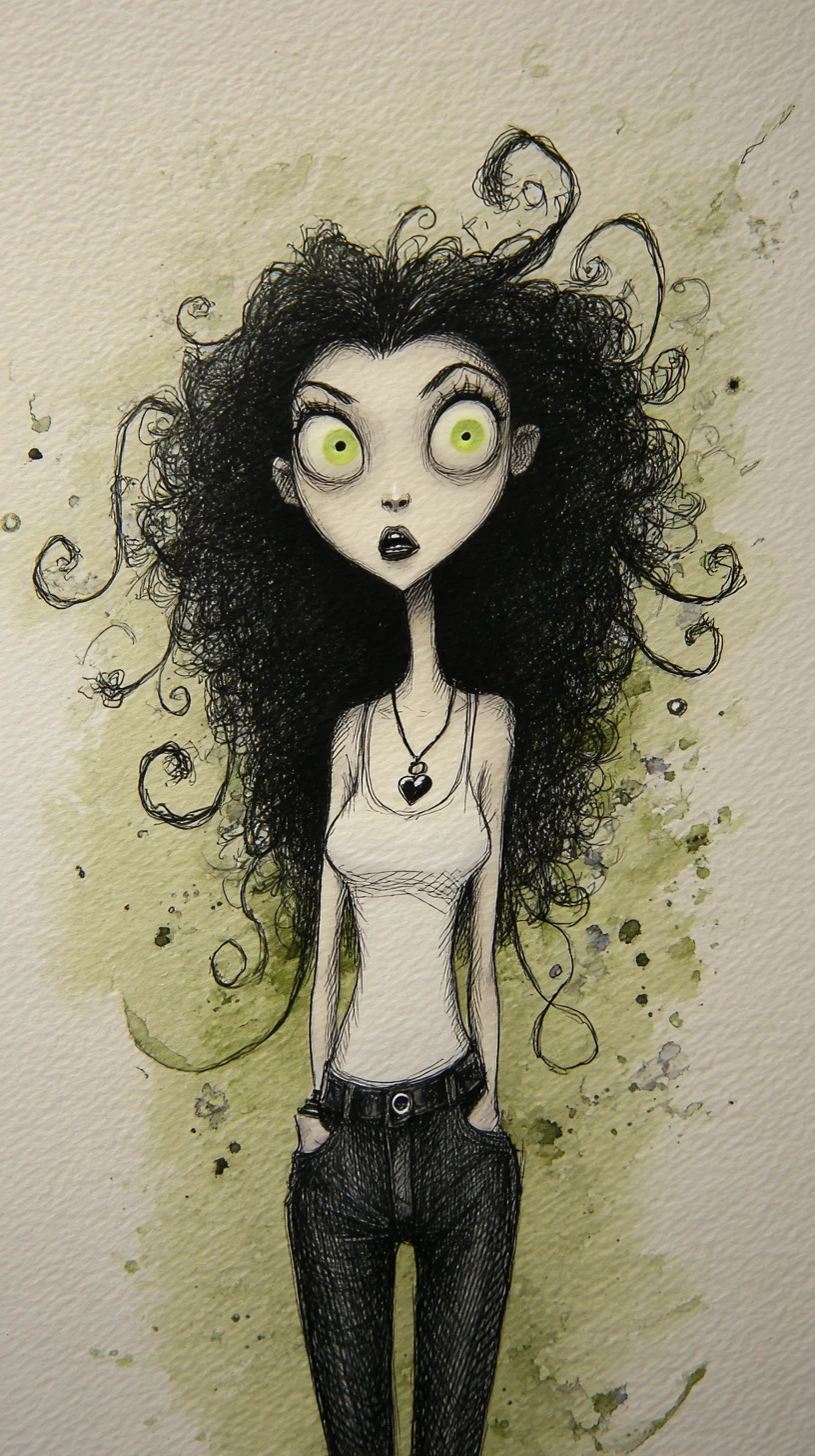Gothic full body portrait of a pale woman in jeans